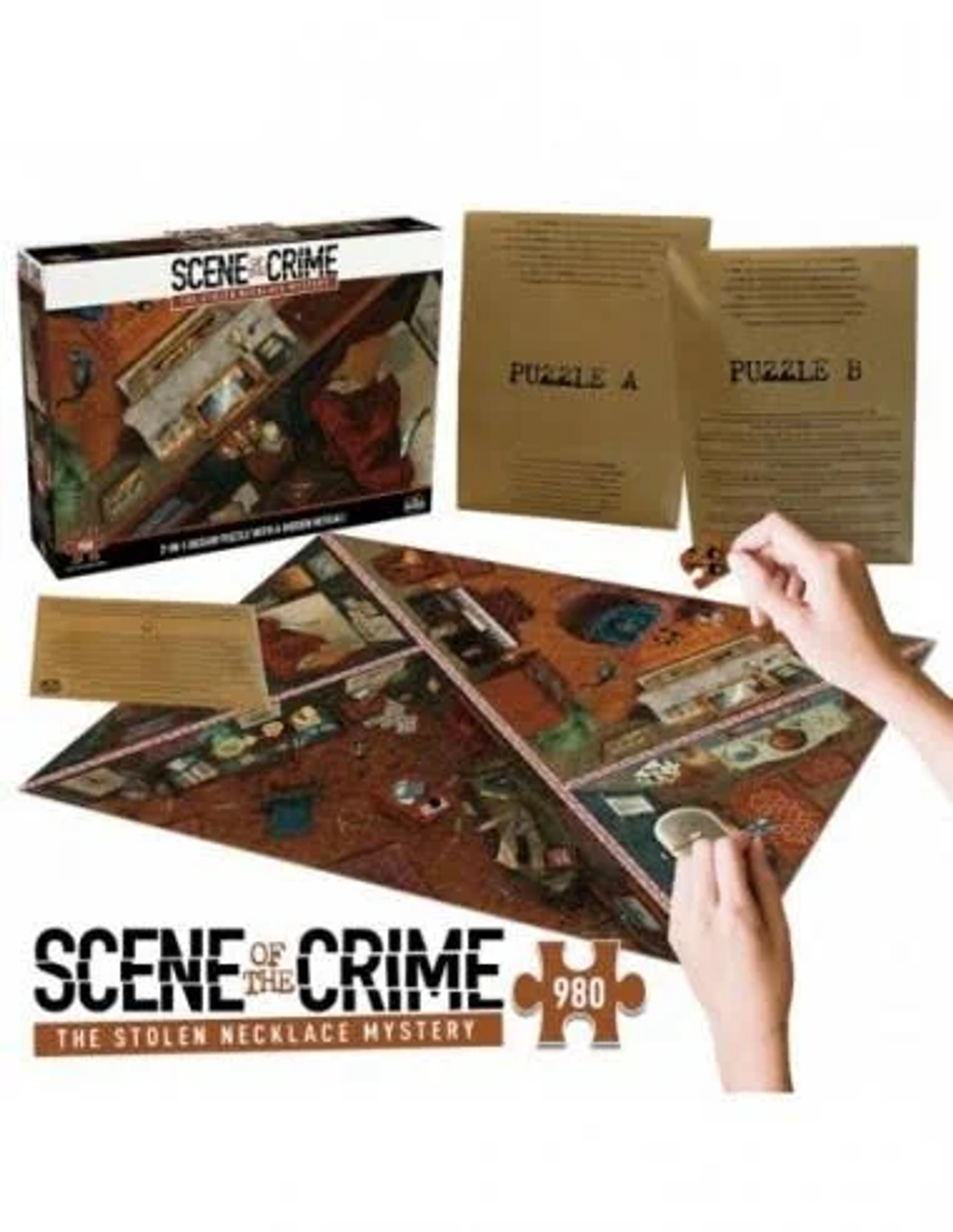 Vengono mostrati una scatola e pezzi di un gioco di puzzle. Due mani tengono il puzzle. Il gioco è "Scene of the Crime: The Stolen Necklace Mystery".