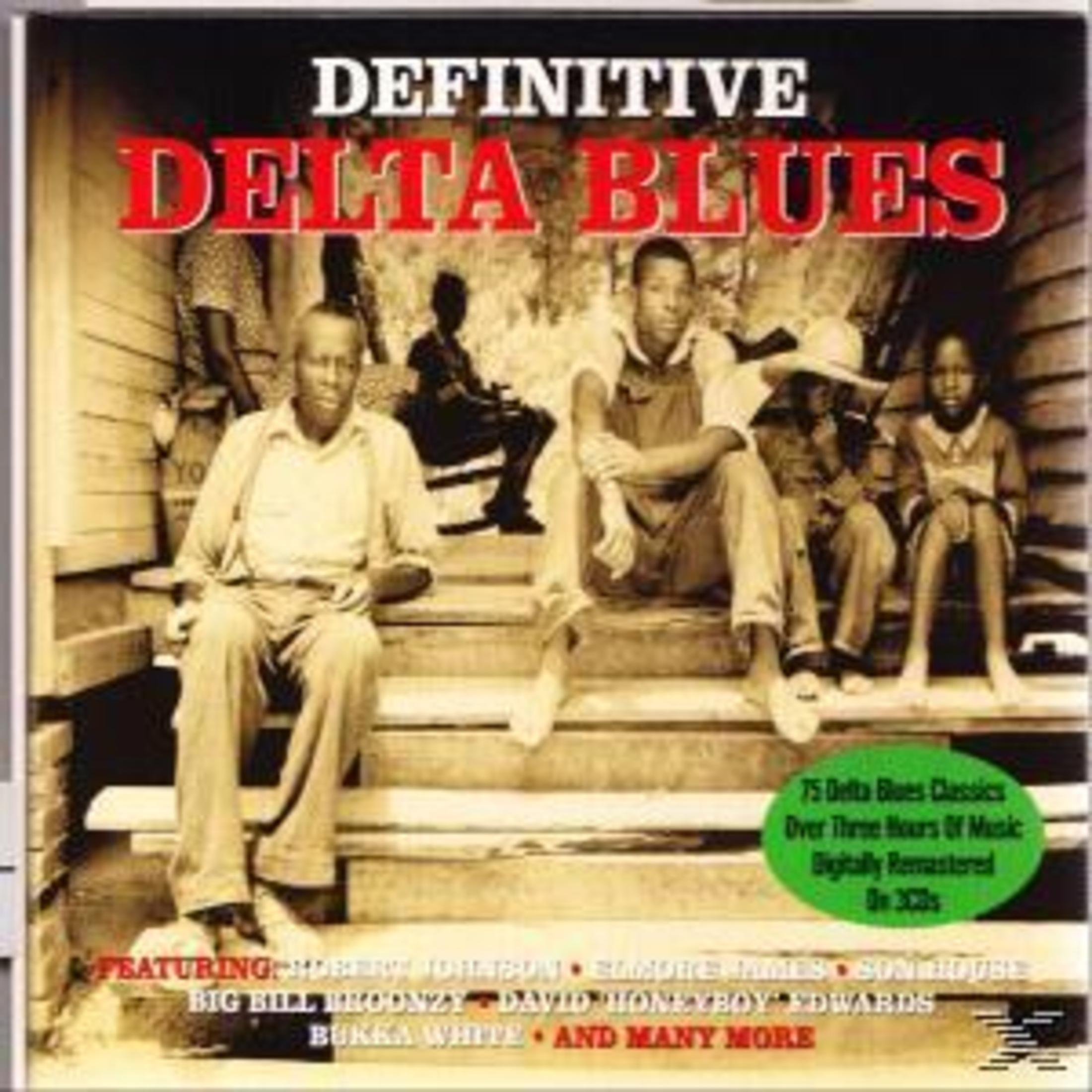 Albumcover, 'Definitive Delta Blues', zeigt mehrere Figuren auf Stufen. Text listet Künstler und besagt 'Digital überarbeitet'.
