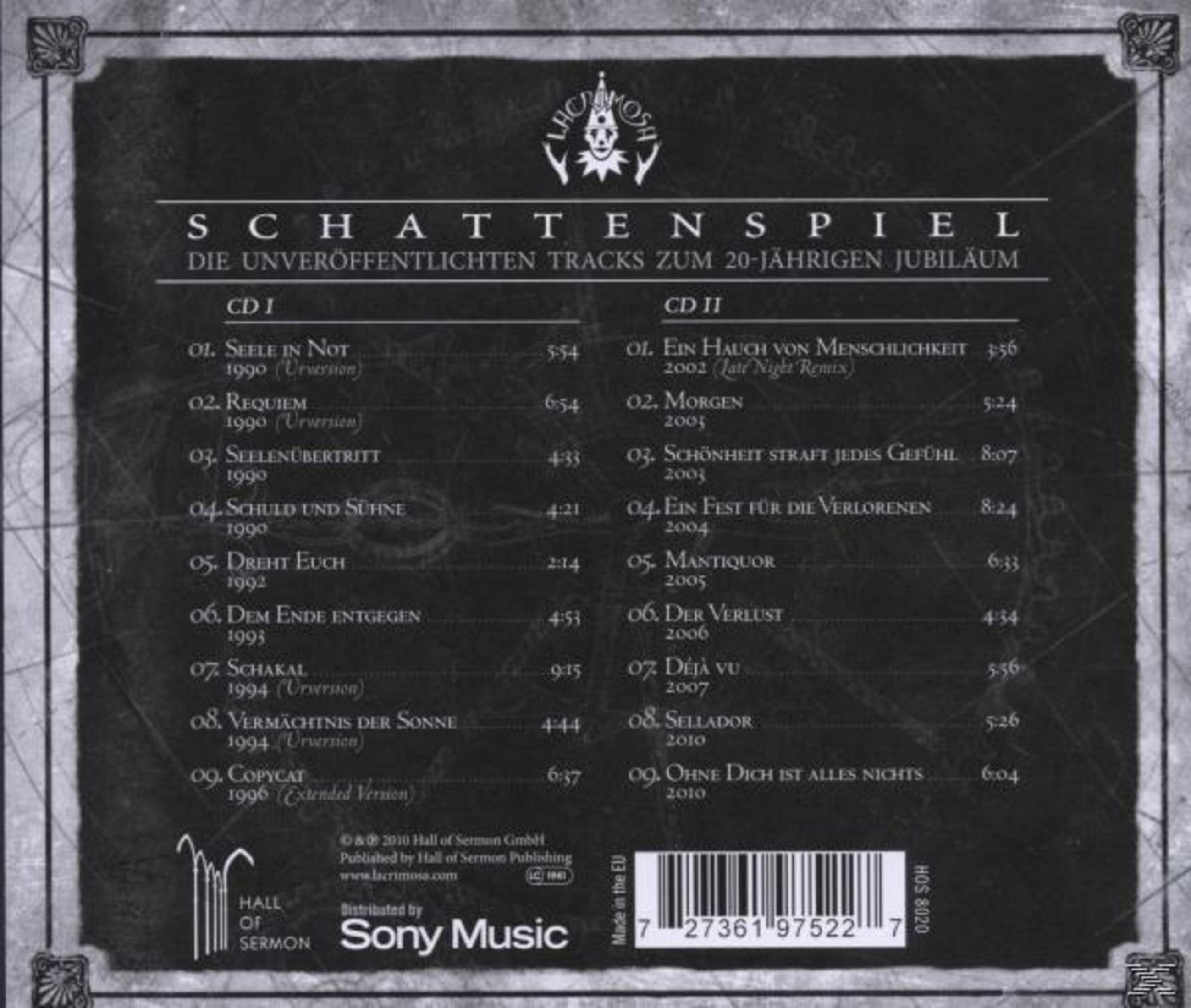 CD-hoes met tracklijsten van Lacrimosa, met een gotisch ontwerp en bandlogo.