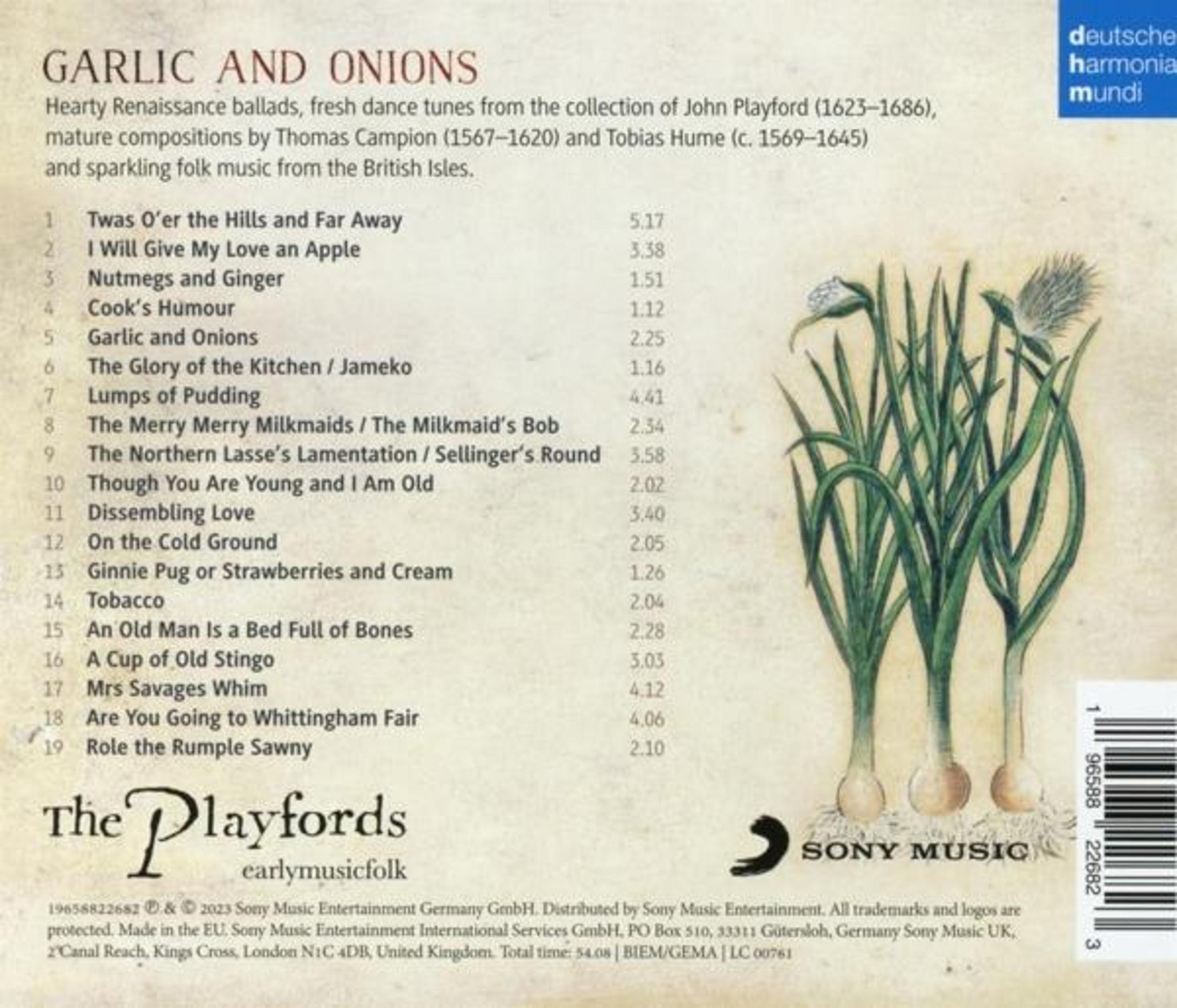 CD-Cover mit Text 'Garlic and Onions'. Es zeigt drei Knoblauchpflanzen mit grünen Blättern und weißen Zwiebeln.