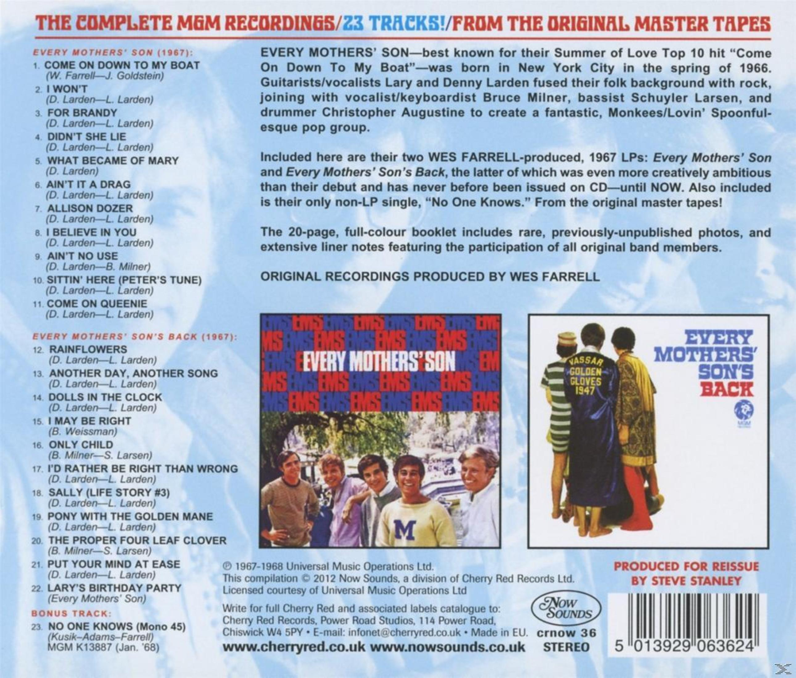 Albumcover mit Text 'Every Mothers' Son' und einem Bandfoto. Enthält Titelliste und Produktionsdetails.