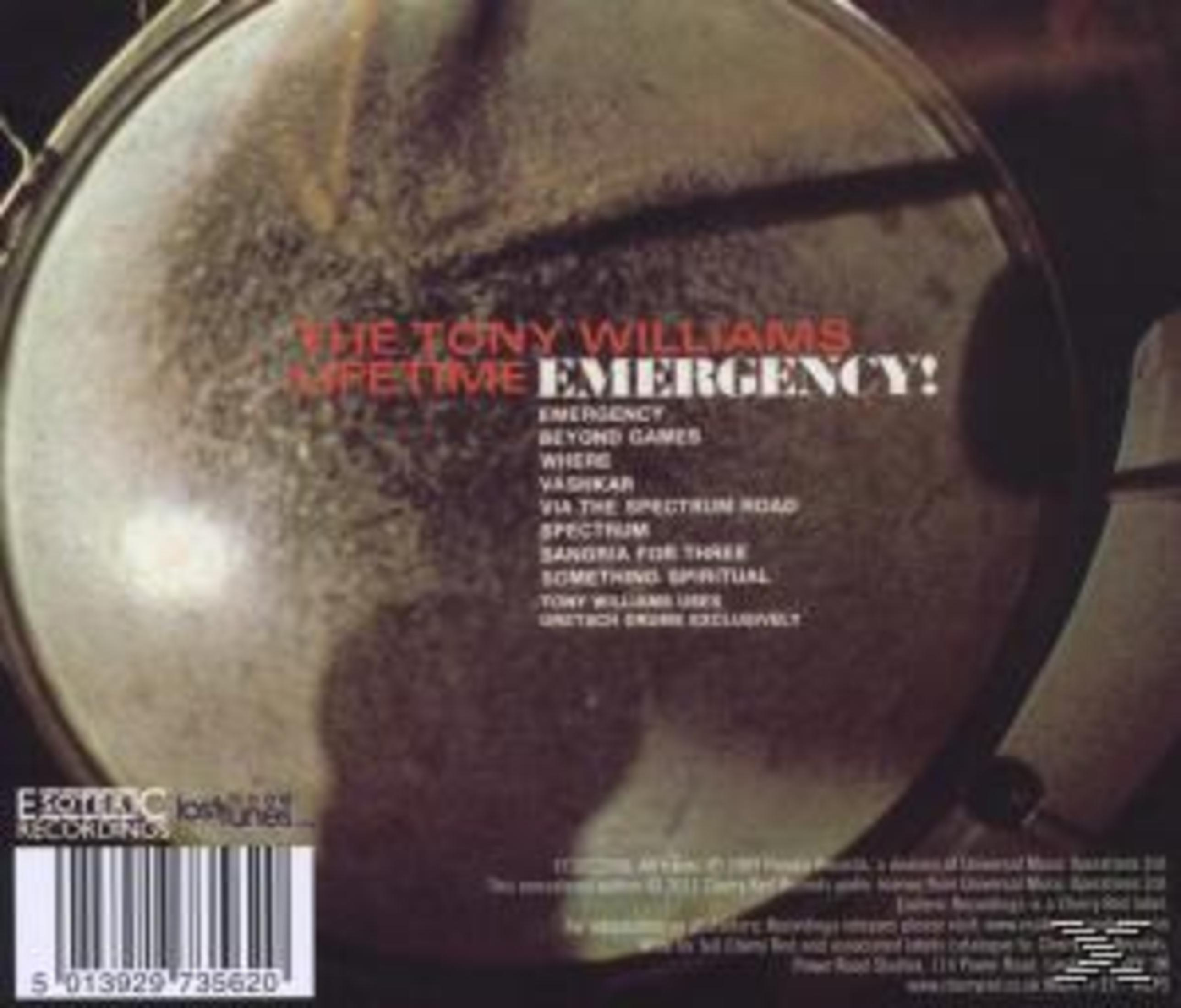 Albumcover für 'Emergency!' von Tony Williams Lifetime. Enthält eine Trommel mit Textüberlagerung und Barcode.