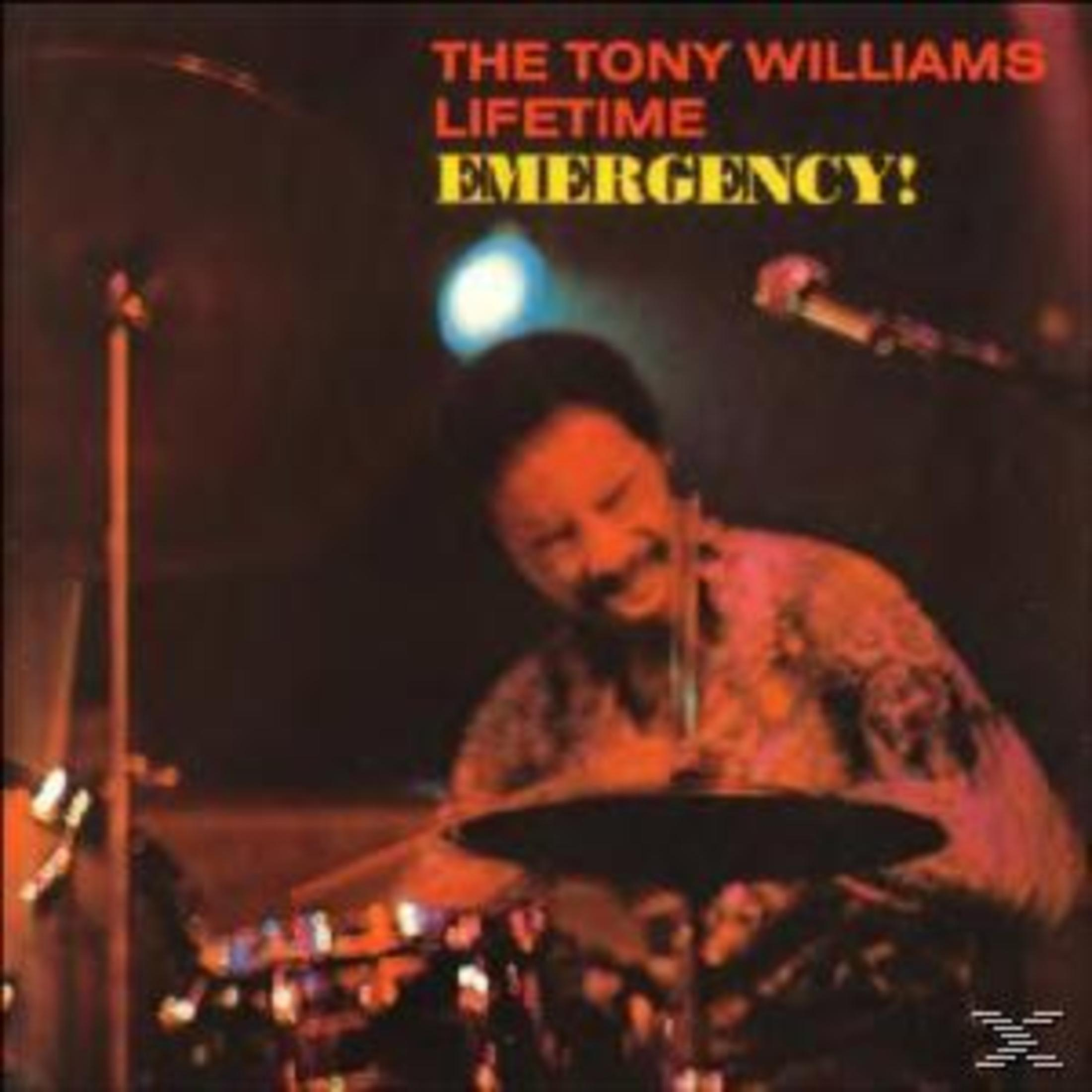 Albumcover zeigt Tony Williams beim Schlagzeugspielen. Der Text lautet 'The Tony Williams Lifetime Emergency!'. Der Hintergrund ist dunkel.