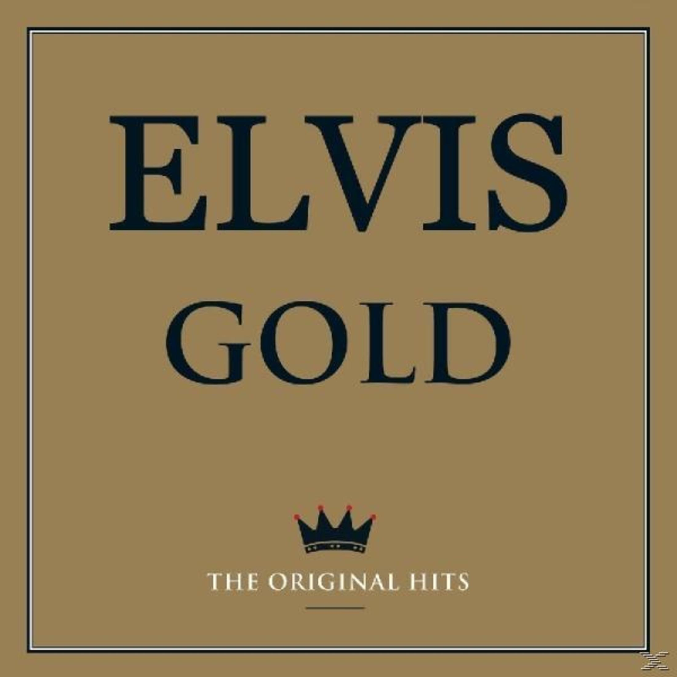 Albumhoes voor Elvis Gold. Bevat de woorden "ELVIS GOLD" in vette, donkerblauwe letters op een gouden achtergrond.