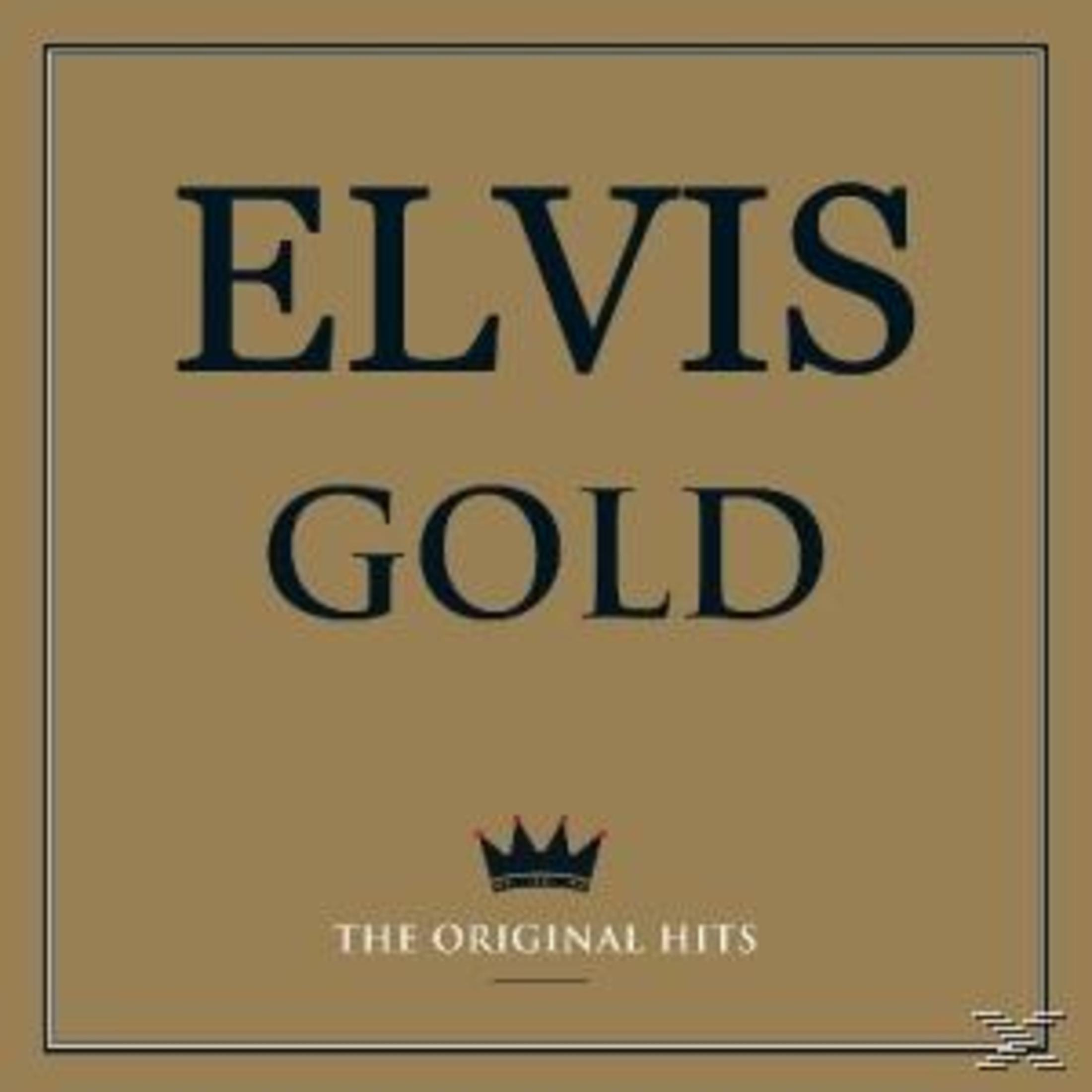 Albumhoes: 'Elvis Gold'. Donkerblauwe tekst op een gouden achtergrond. Bevat een kroon en de tekst 'The Original Hits'.