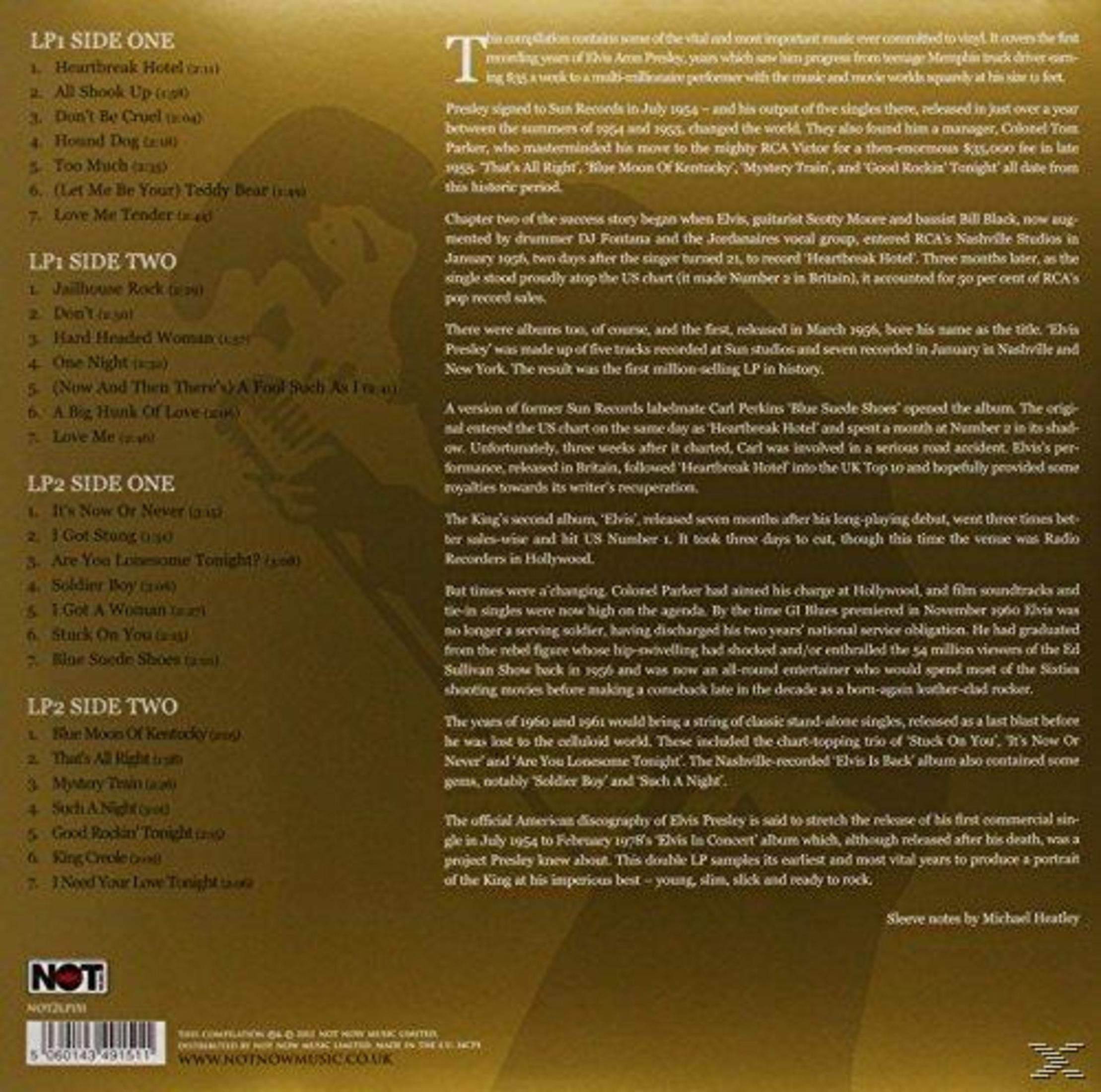 De afbeelding is een albumhoes met songtitels. De achtergrond is goud. De bovenkant bevat nummers zoals Heartbreak Hotel.