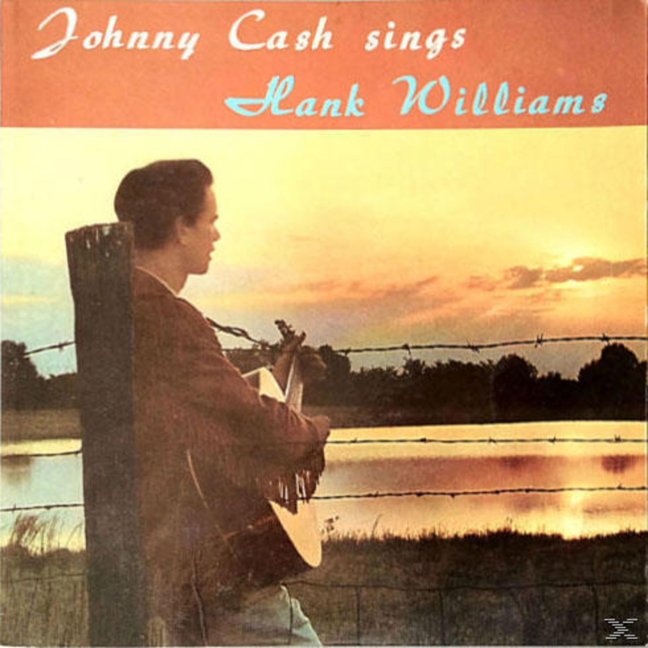 Albumcover von Johnny Cash. Er spielt Gitarre bei Sonnenuntergang. Titel: Johnny Cash sings Hank Williams.
