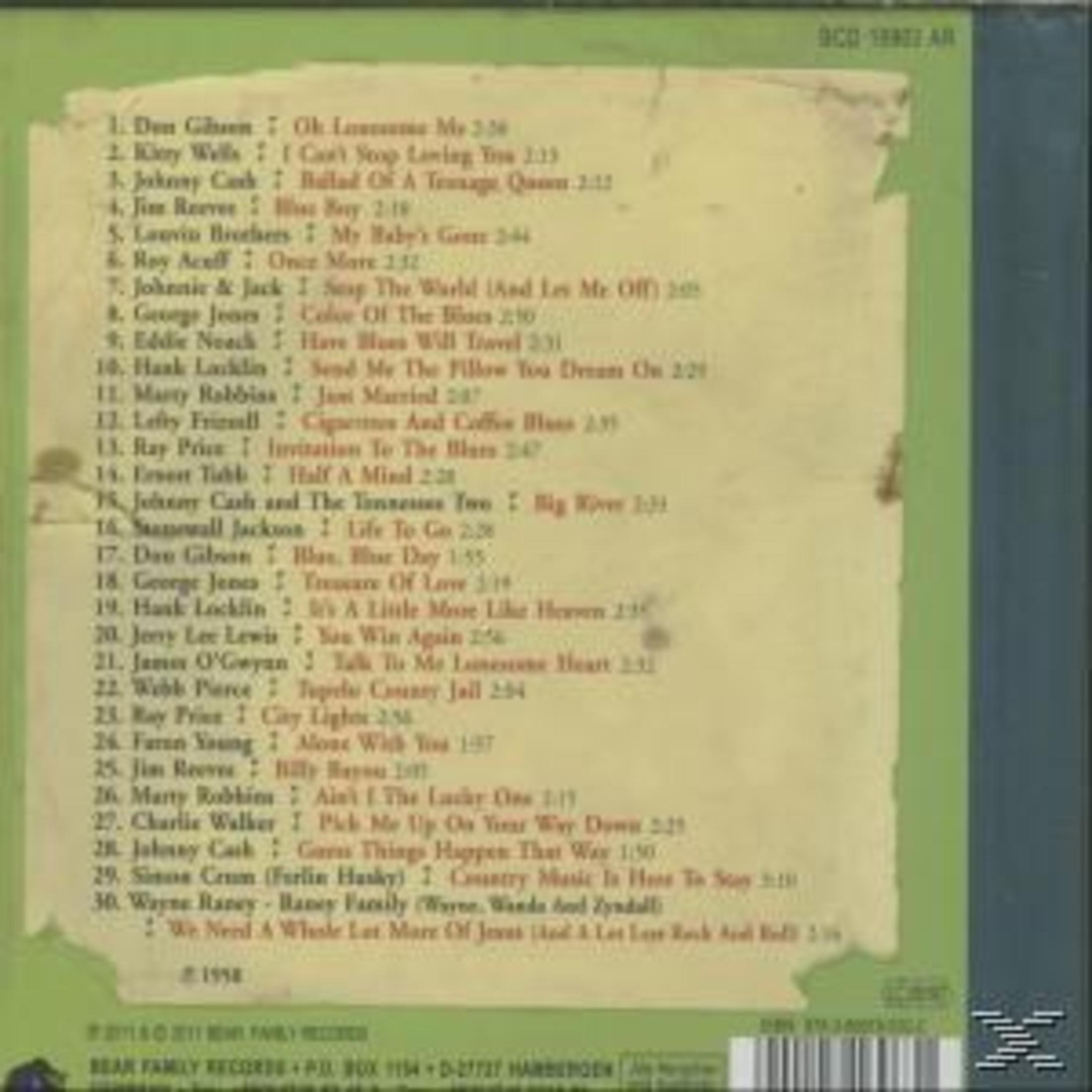 Albumcover mit einer Liste von Country-Musik-Songs. Der Hintergrund hat grüne, blaue und beige Farben mit Text.