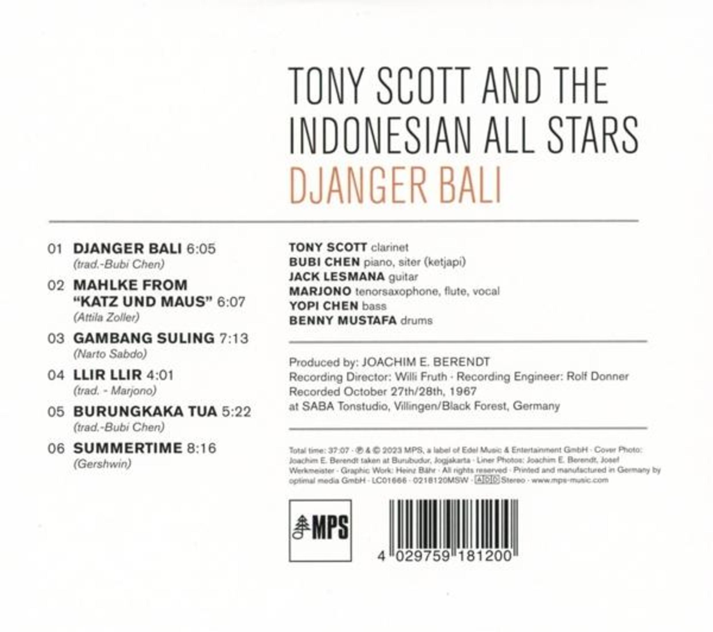 Albumcover mit dem Titel "Tony Scott and the Indonesian All Stars - Djanger Bali". Listet Songs und Credits.