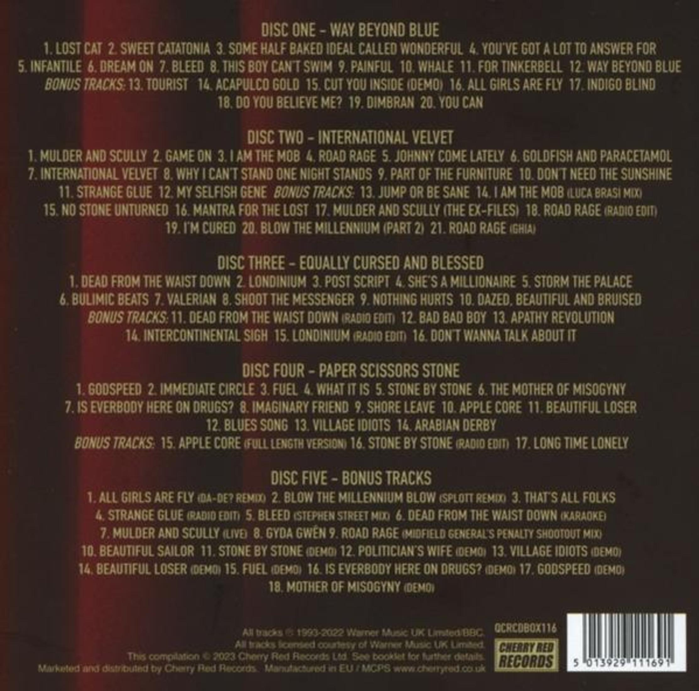 CD-Cover mit Titellisten in weißem Text auf dunklem Hintergrund, Cherry Red Records Logo.