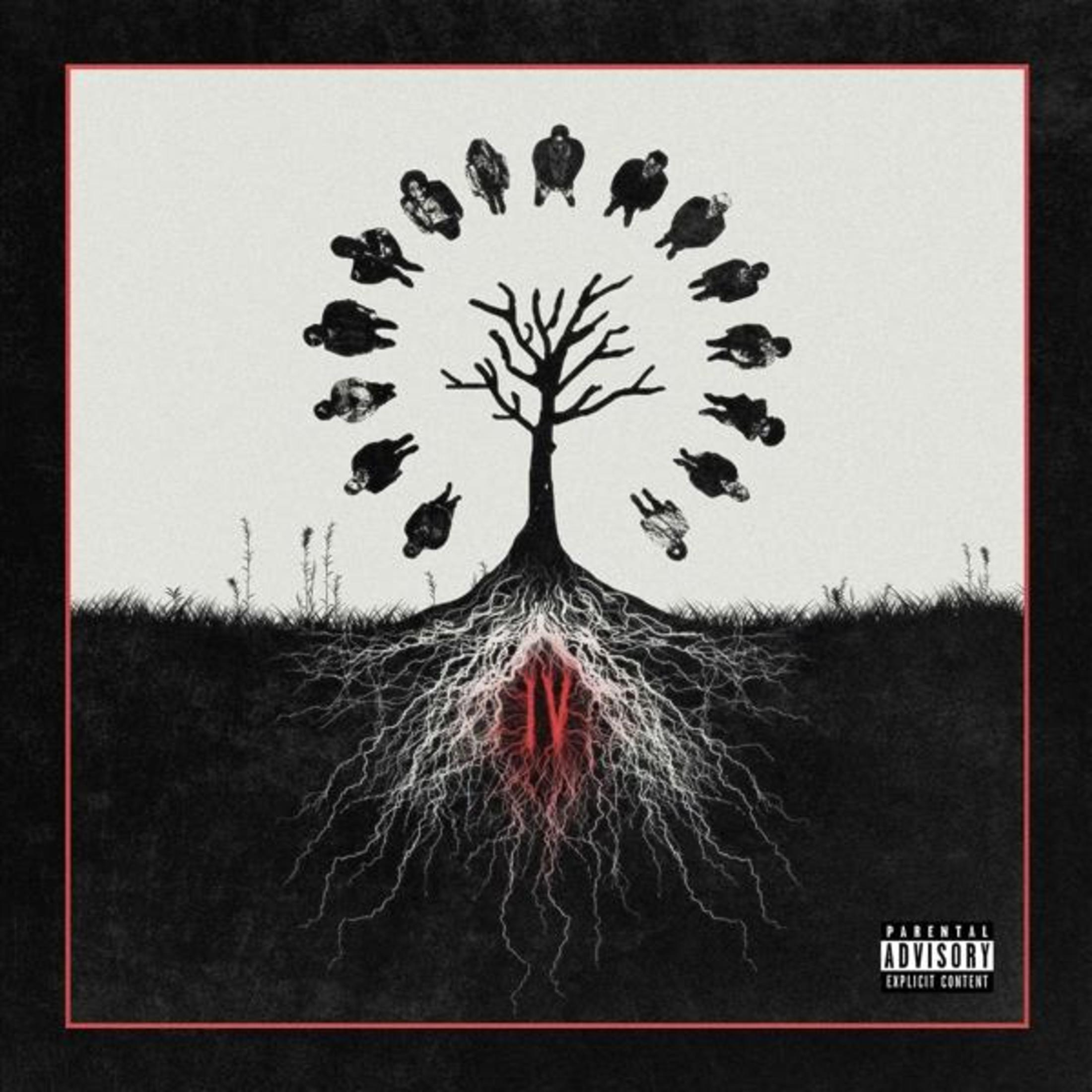 Albumcover: Zwarte figuren cirkelen rond een boom met wortels, die 'IV' vormen. Ouderlijke waarschuwing aanwezig.