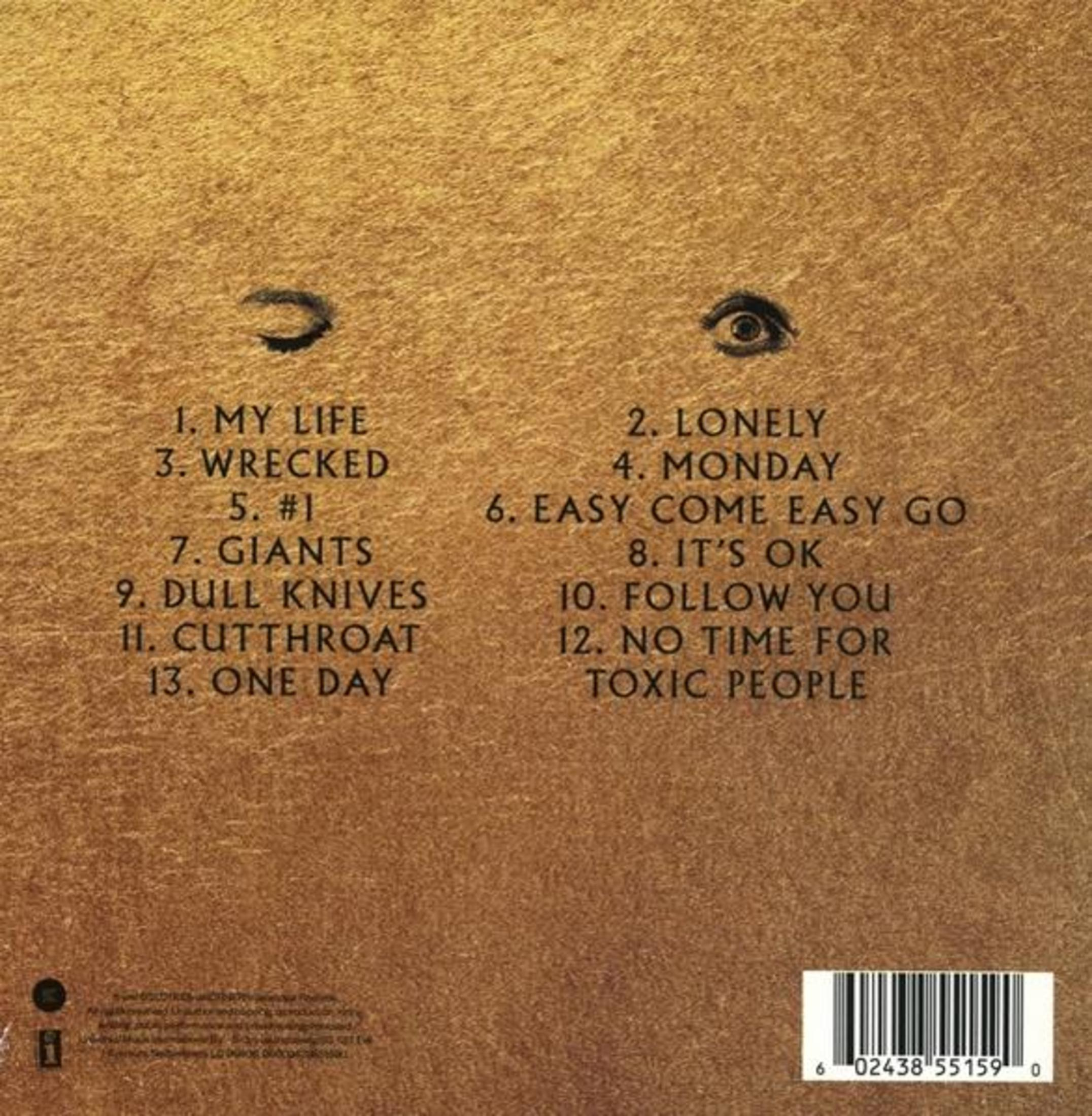 Copertina dell'album con occhi, titoli delle canzoni e codice a barre. Sfondo marrone. I titoli includono 'My Life', 'Lonely' e 'Toxic People'.