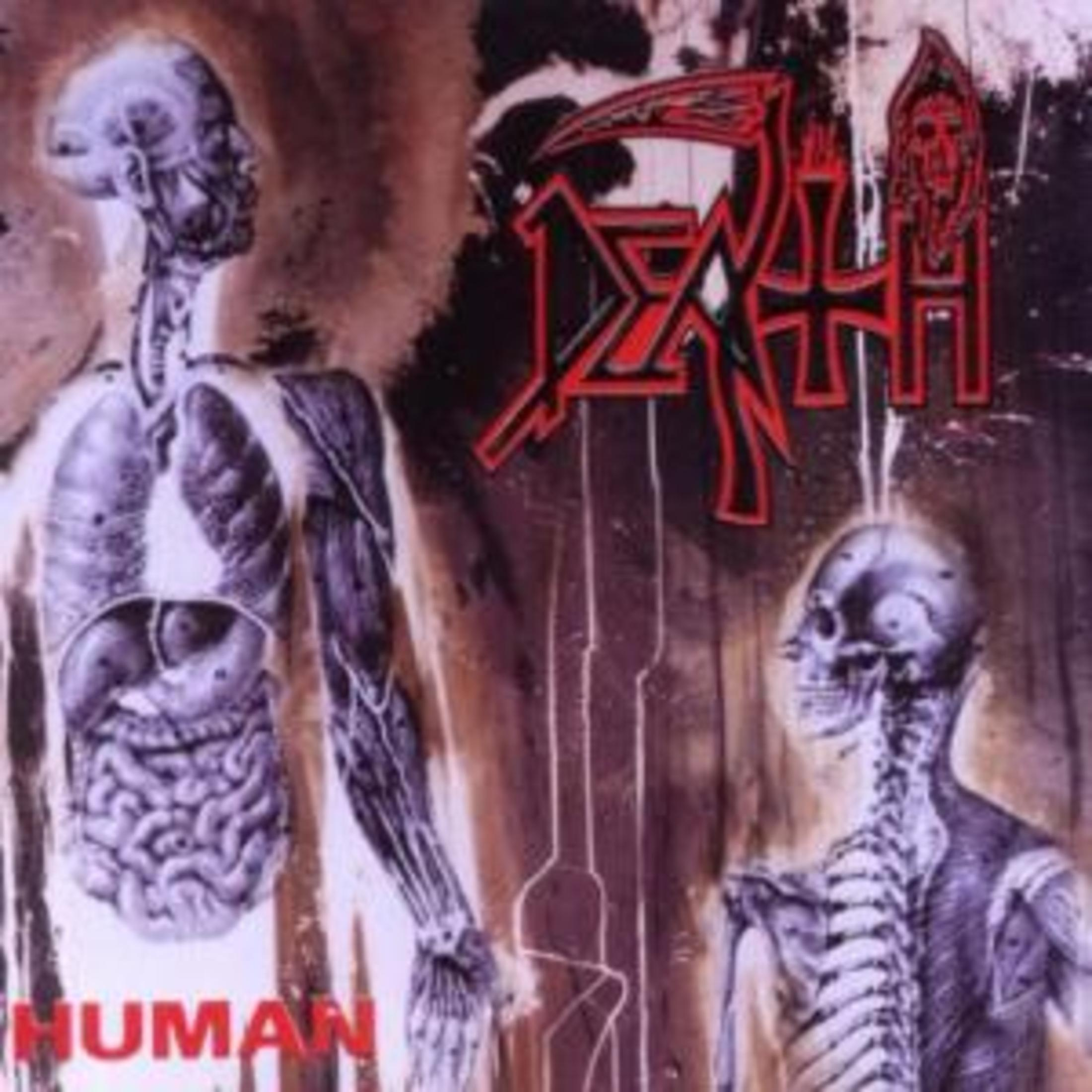 Albumhoes met skeletachtige figuren en een bandlogo. Het woord "HUMAN" is zichtbaar. Het kleurenpalet is donker.