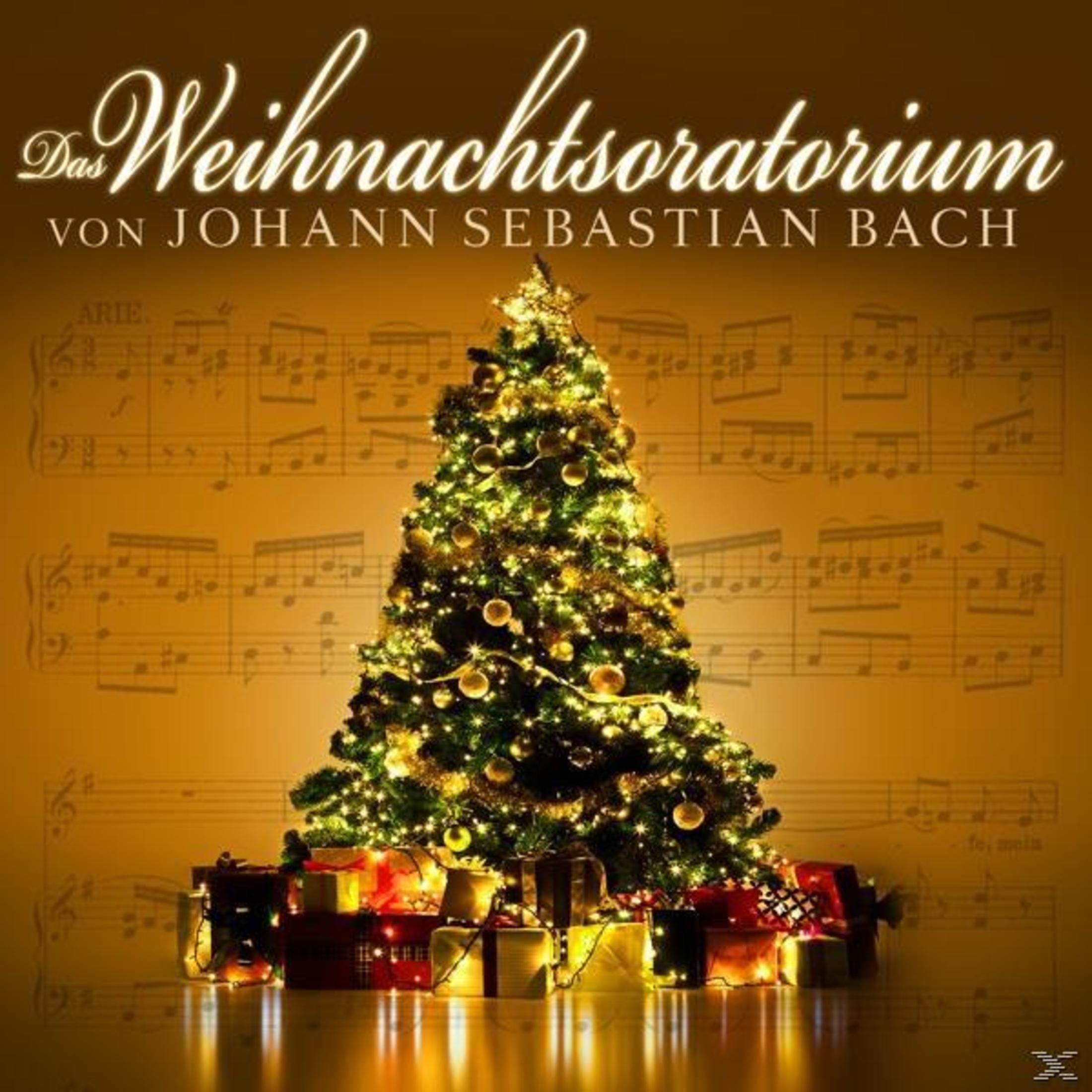Weihnachtsbaum mit Ornamenten und Geschenken. Hintergrund Notenblatt. Titel: Das Weihnachtsoratorium von Johann Sebastian Bach.