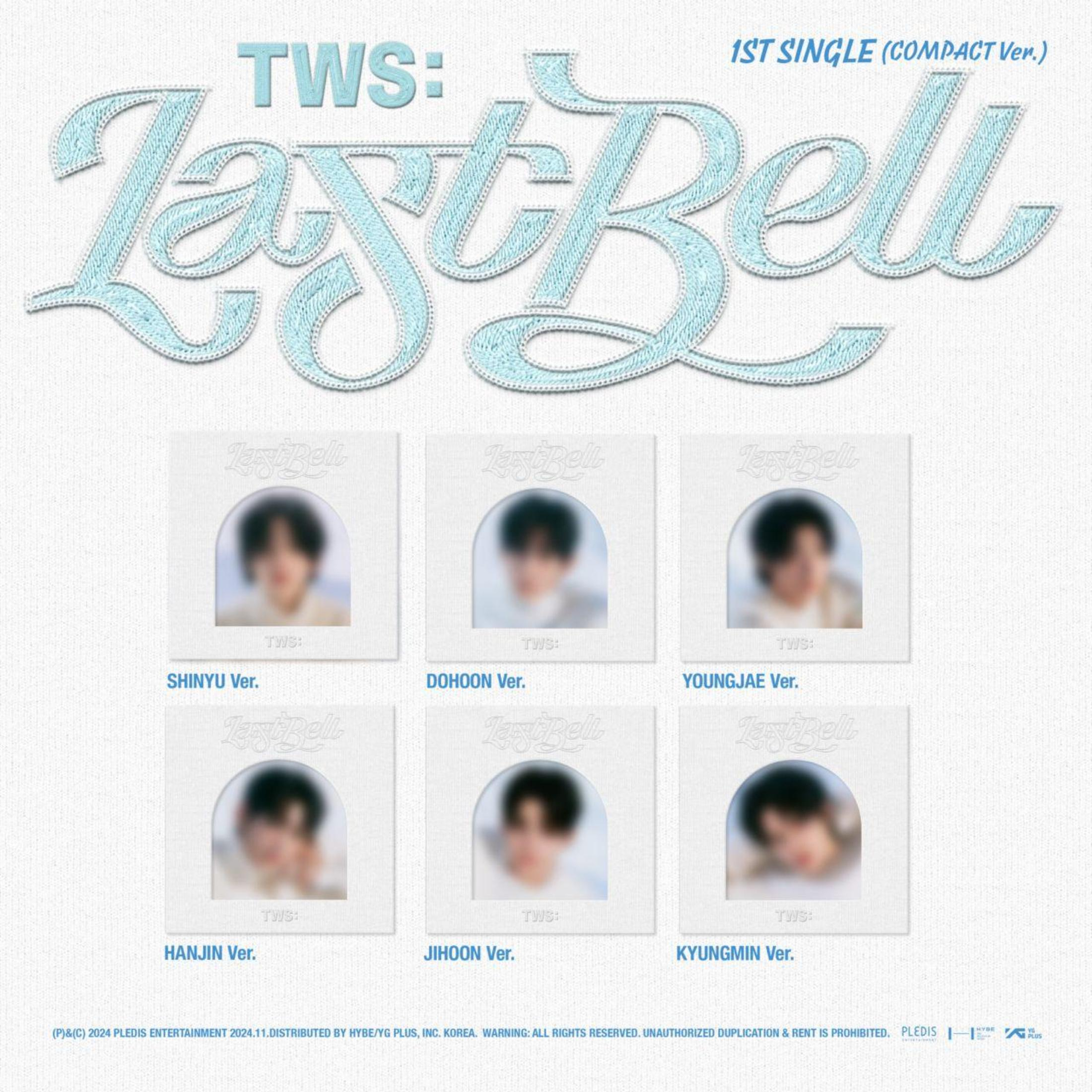 Albumhoes voor TWS's 'Last Bell'. Met tekst, vage afbeeldingen van leden en een witte achtergrond. Verschillende ledenversies worden weergegeven.