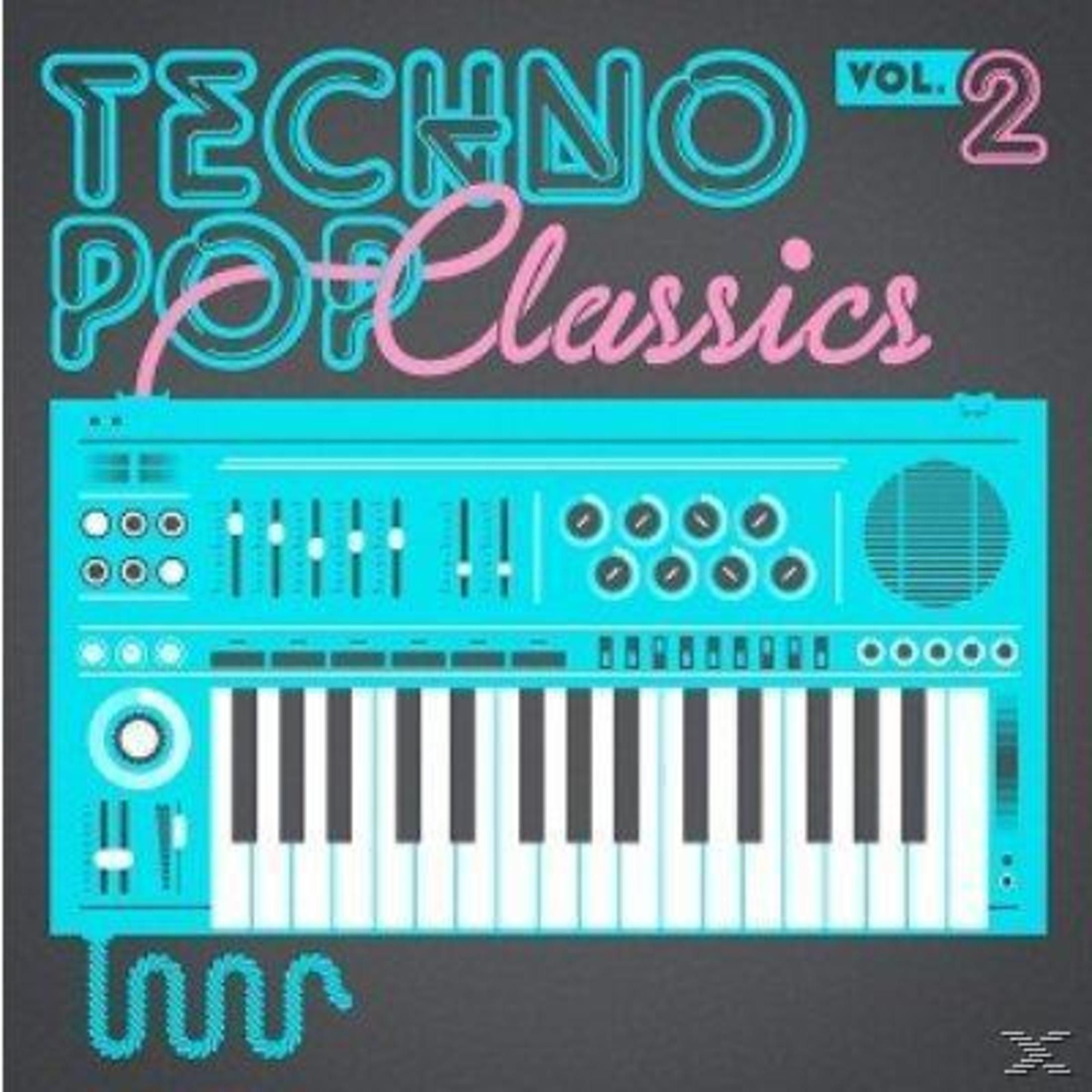 Techno Pop Classics Vol. 2 Albumcover. Synthesizer-Keyboard in Türkis, mit schwarz-weißen Tasten, auf dunklem grauem Hintergrund.