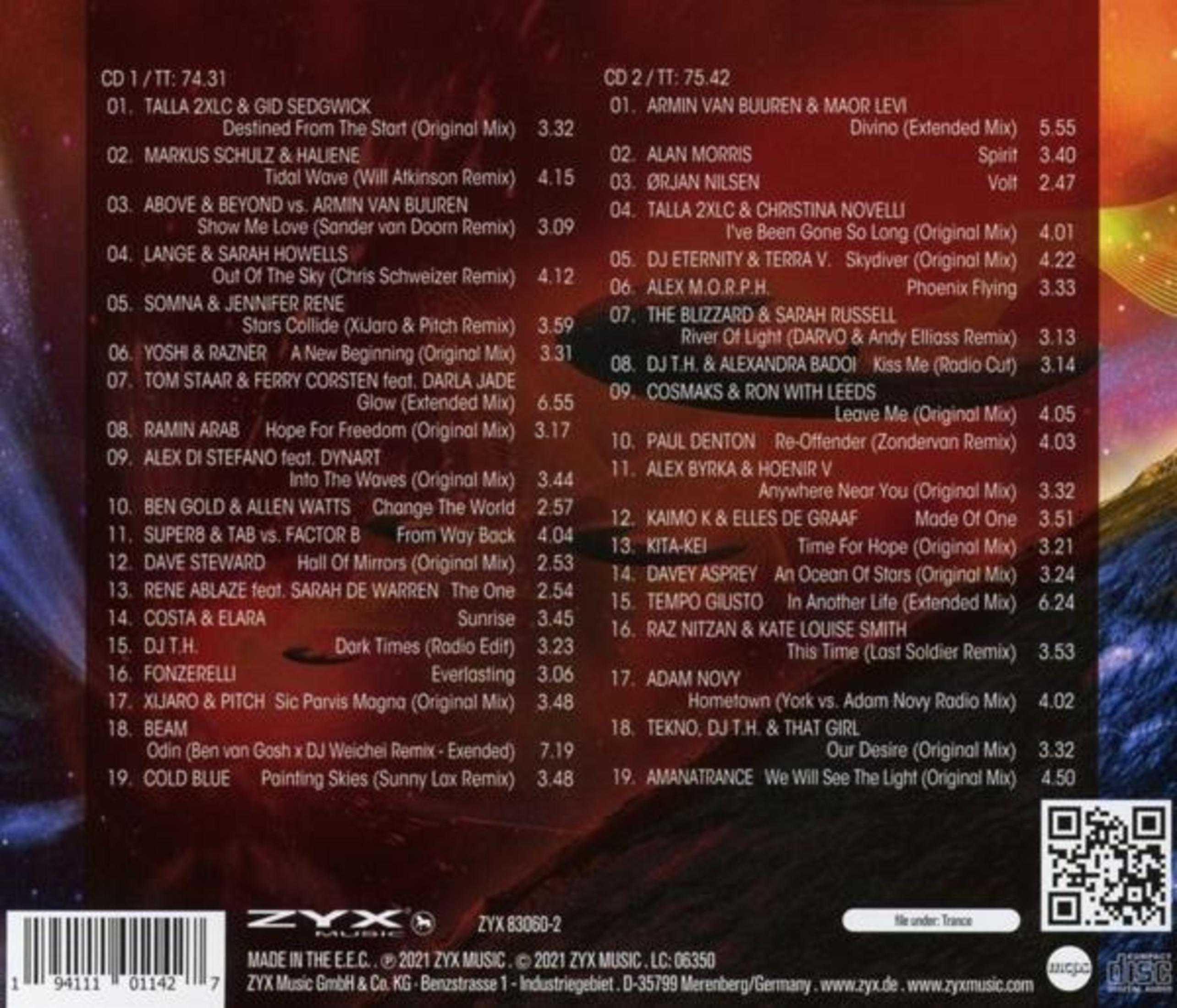 CD-Cover mit Titelliste, Künstlern und Songtiteln, im Trance-Musik-Thema und einem ZYX Music-Logo.