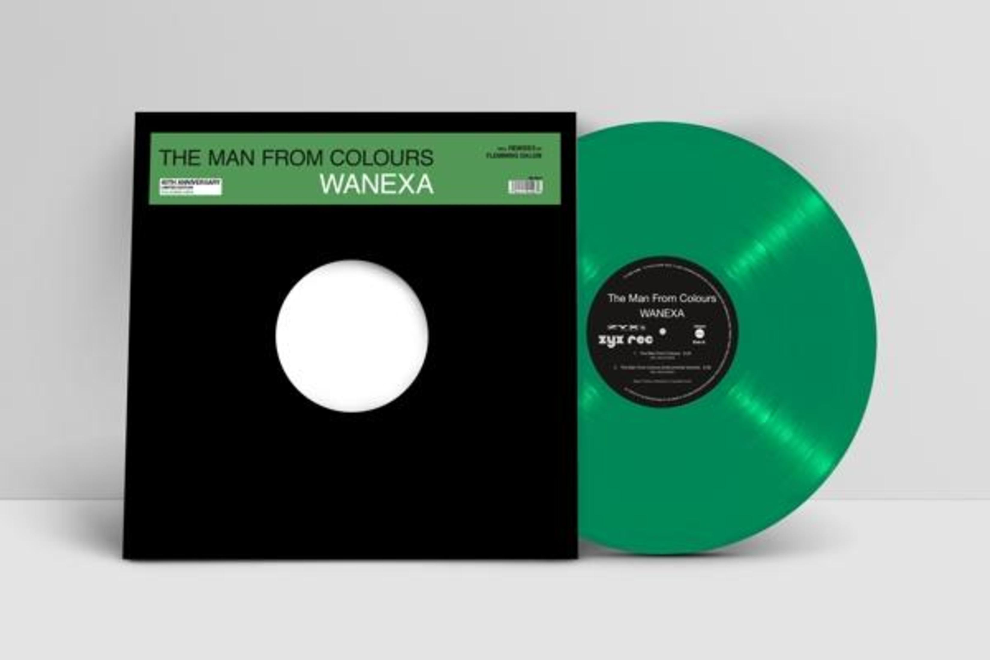 Ein Vinyl-Schallplattenalbum mit schwarzem Cover, grüner Schallplatte und weißem Hintergrund. Der Titel des Albums lautet 'The Man From Colours'.