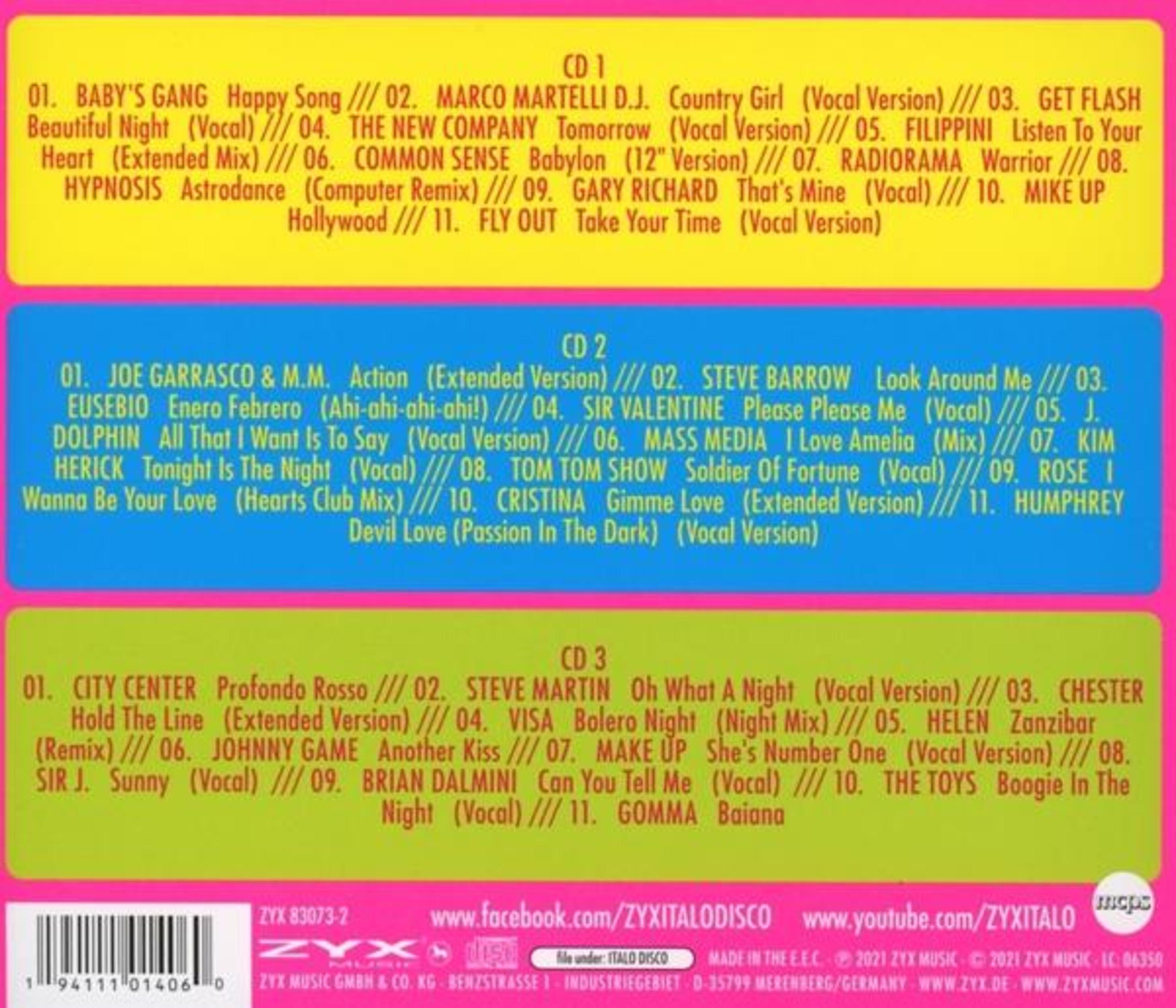Albumcover mit Titellisten für drei CDs. Jede CD hat einen andersfarbigen Hintergrund mit Songtiteln und Künstlernamen.