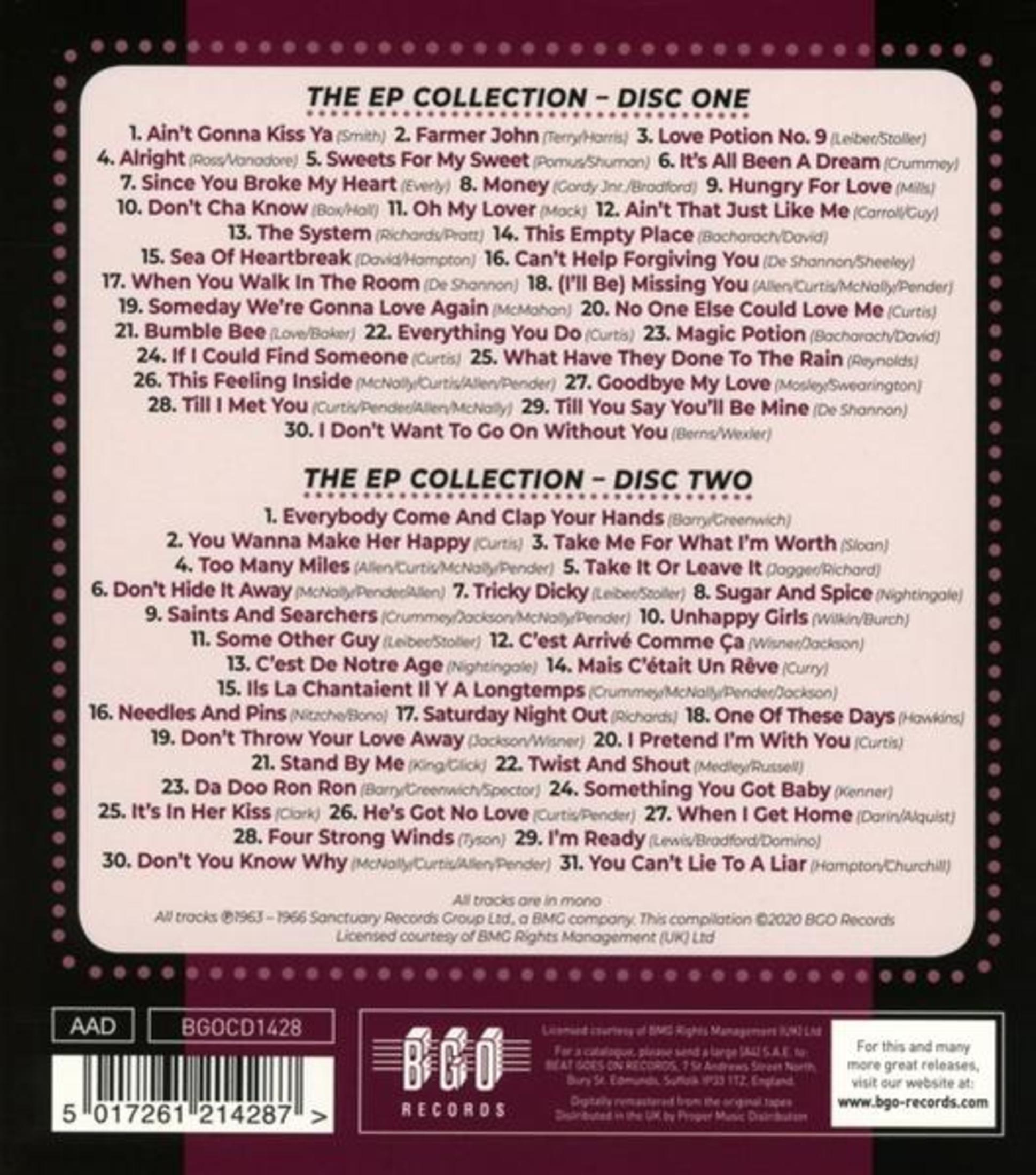 Albumcover mit Titelliste und Barcode. Das BGO Records Logo befindet sich unten.