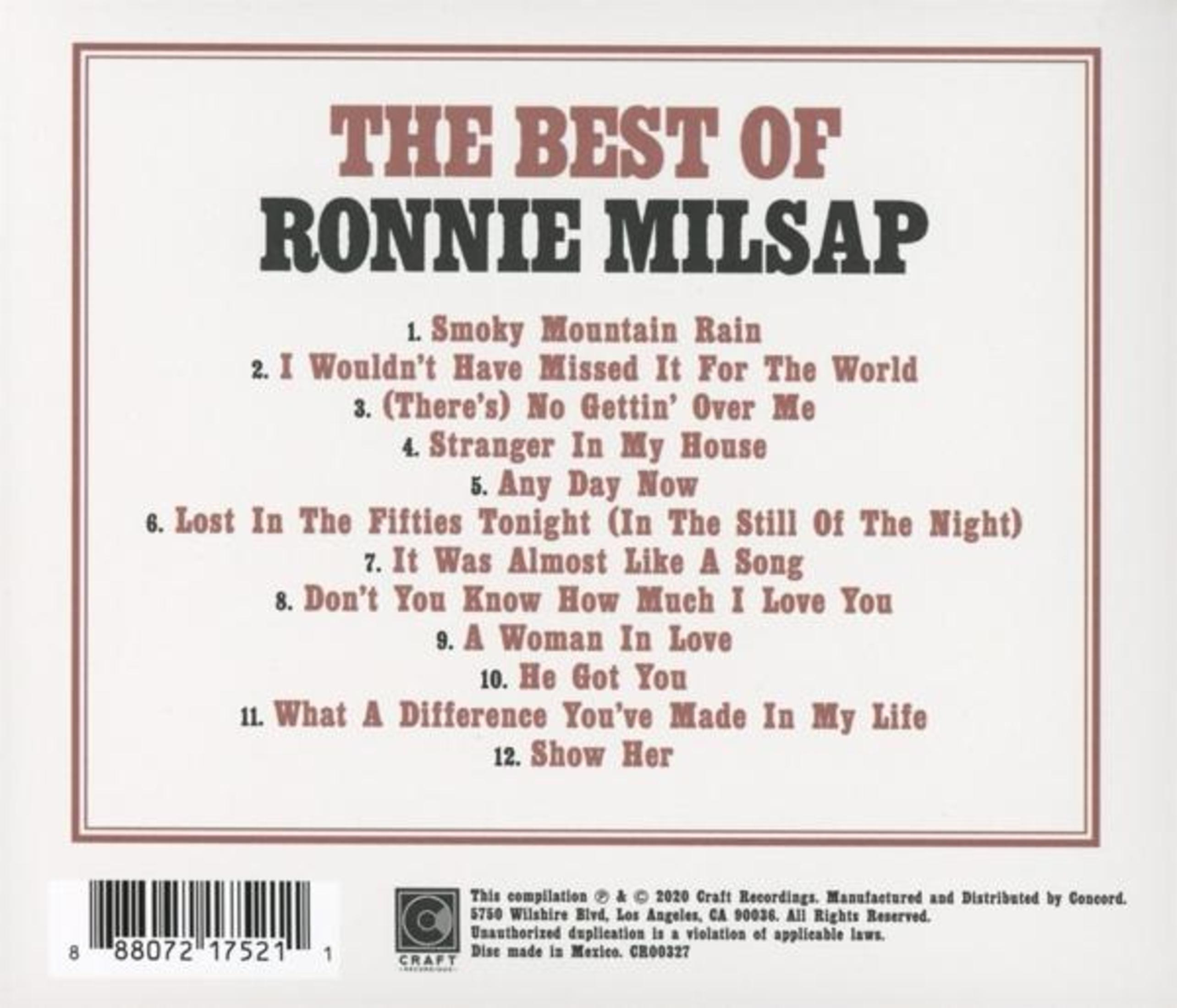 Albumcover für Ronnie Milsap's 'The Best Of'. Brauner Text auf weißem Hintergrund, enthält eine Titelliste und einen Barcode.