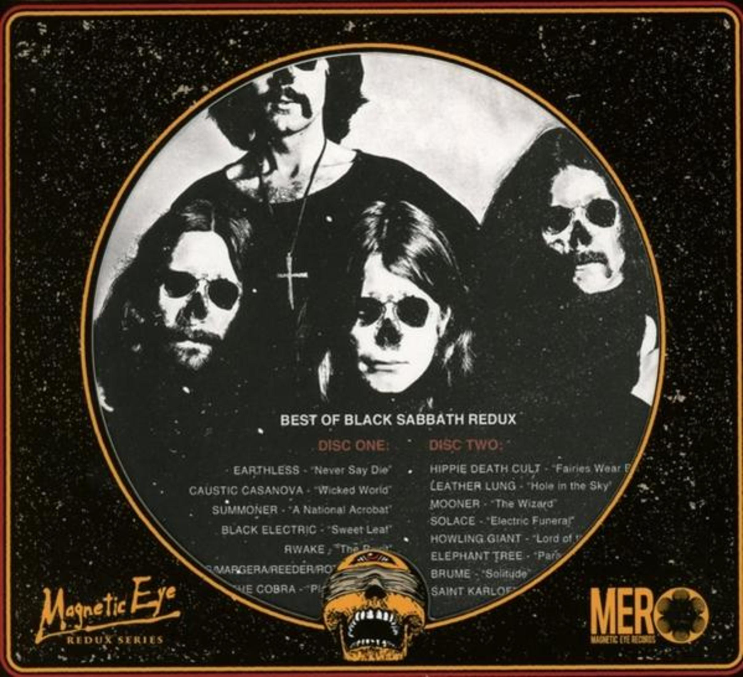 Albumcover mit Black Sabbath-Mitgliedern. Das Album trägt den Titel "Best of Black Sabbath Redux" mit zwei Discs und Tracklisten.