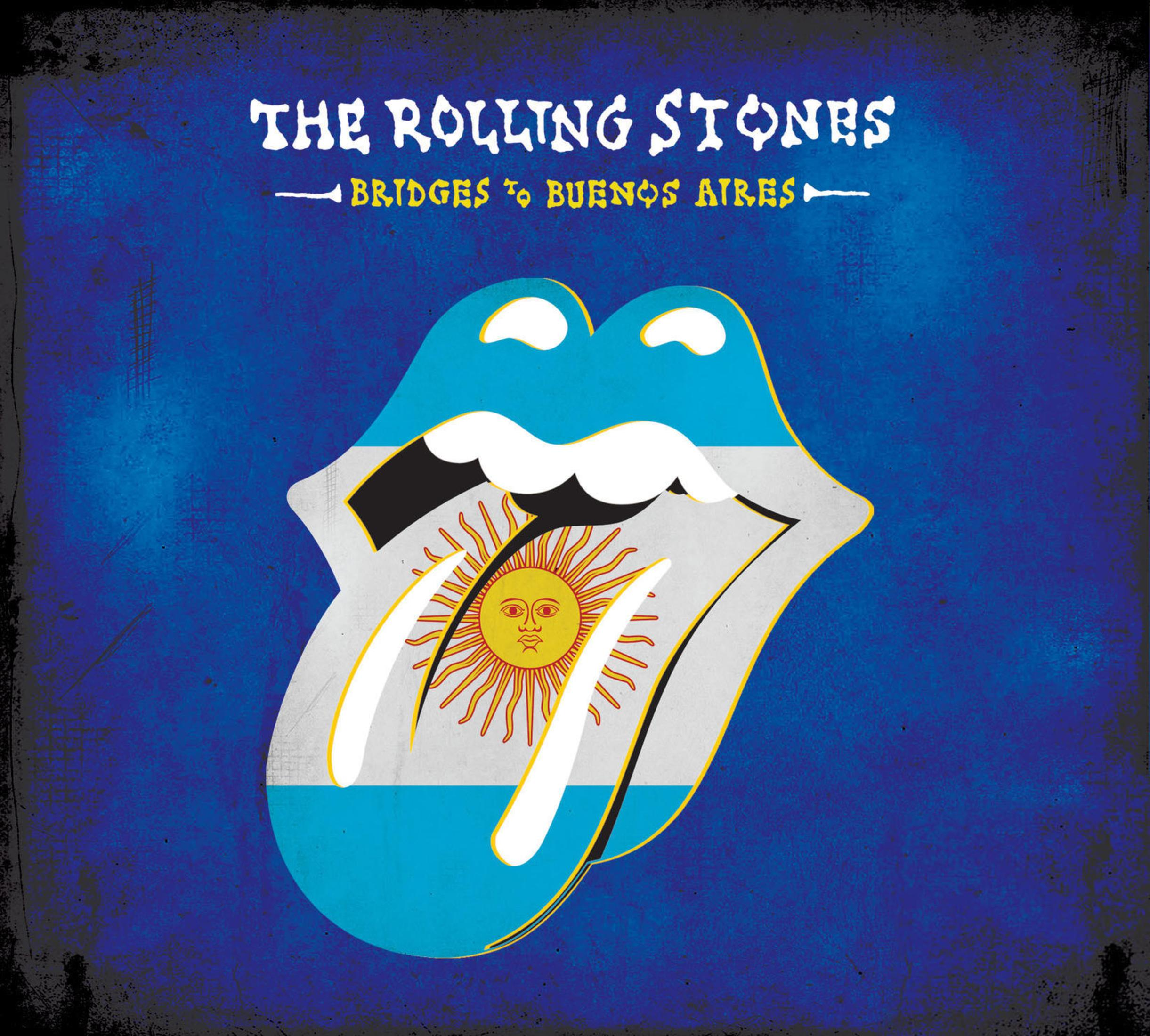 Rolling Stones albumhoes met het tonglogo van de band gevuld met de Argentijnse vlag, op een blauwe achtergrond. De tekst luidt 'Bridges to Buenos Aires'.