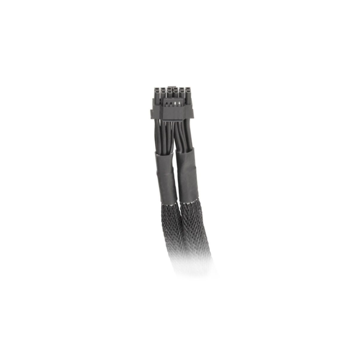Czarny kabel zasilający do komputera z wieloma przewodami. Kabel ma złącze u góry i pleciony oplot.