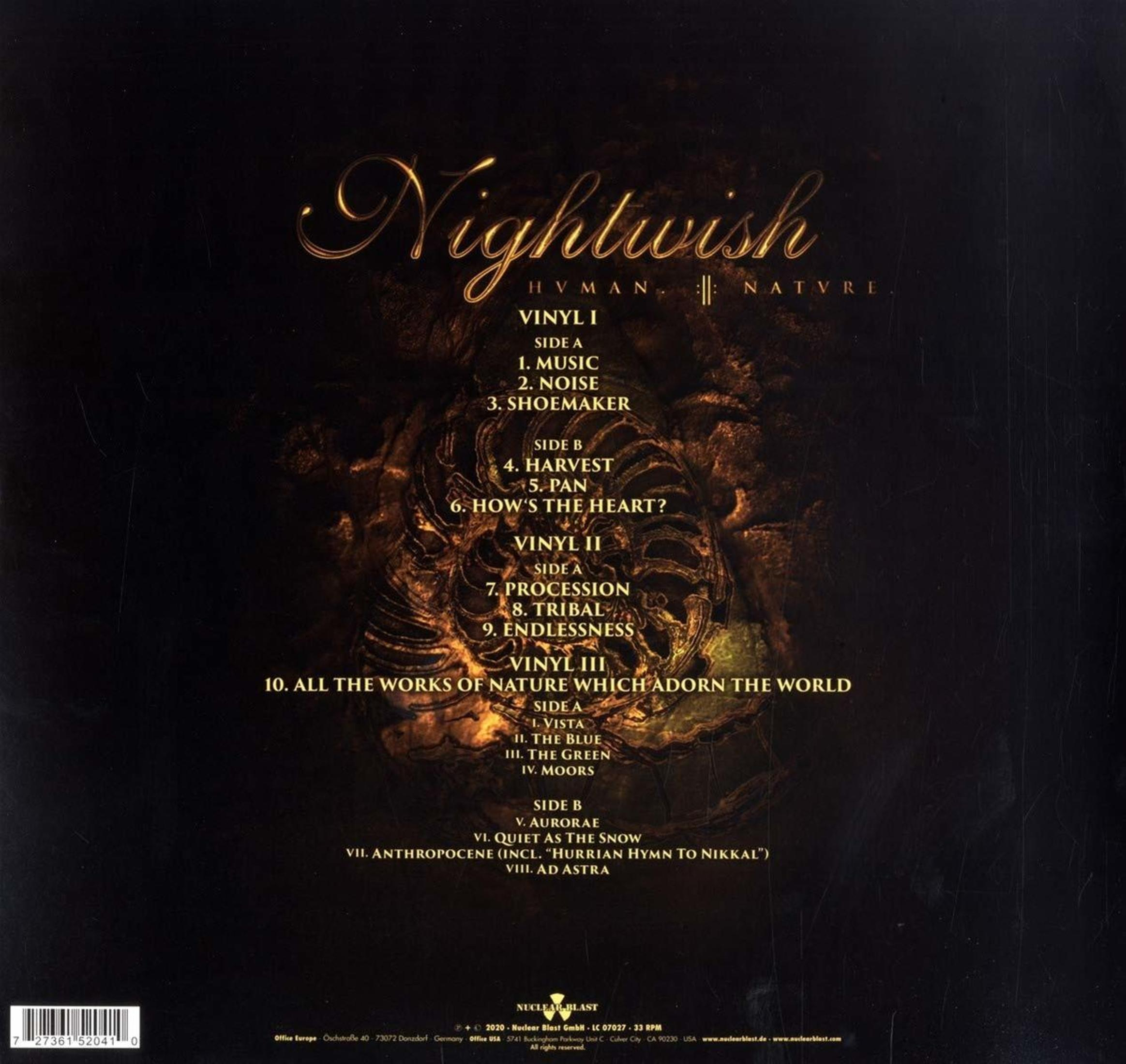 Albumcover mit Nightwish-Logo, Titelliste und Nuclear Blast-Logo. Dunkler Hintergrund, goldener Text. Vinyl-Schallplatten gelistet.