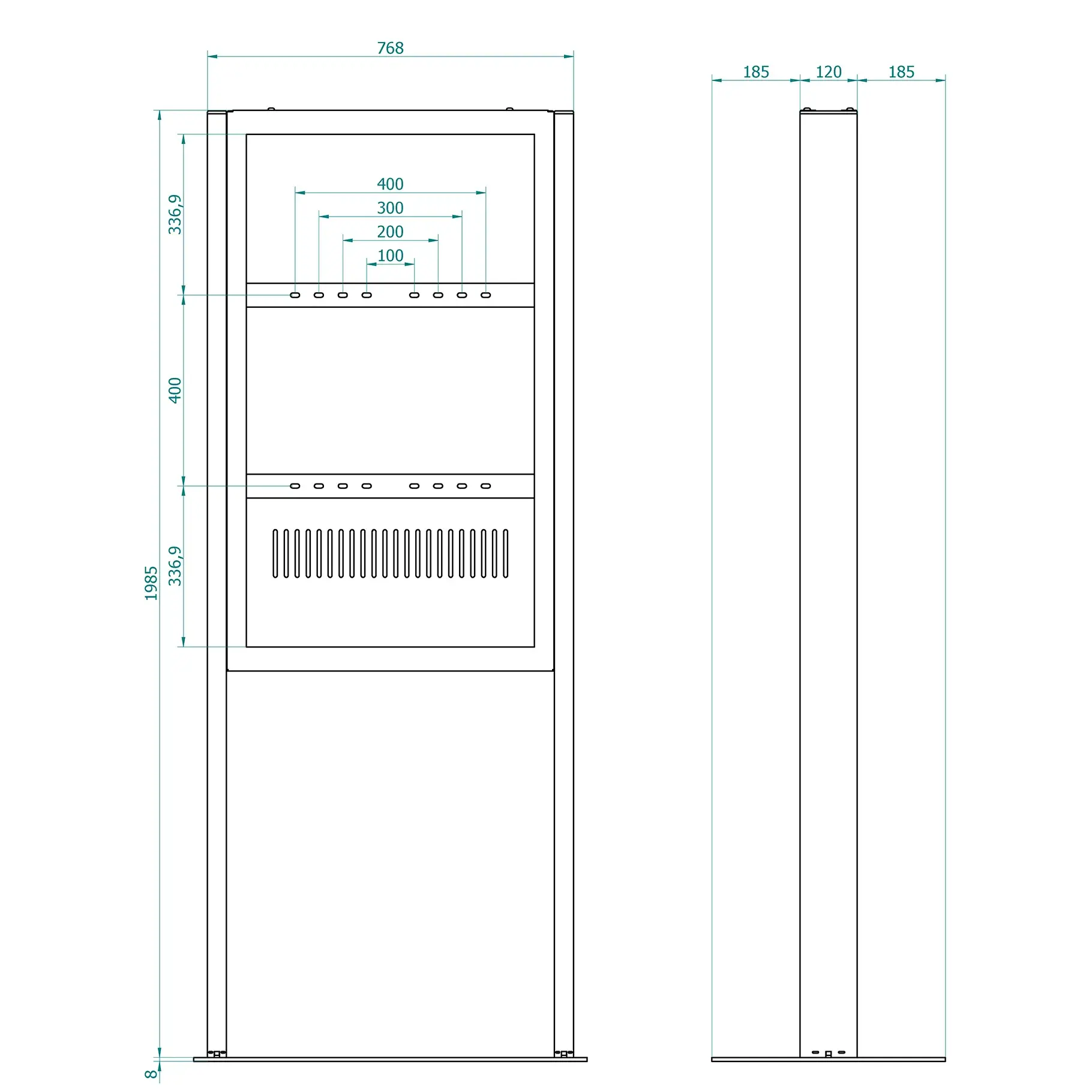 Technical drawing shows a tall, rectangular structure with dimensions and measurements, including a side view of a similar object.