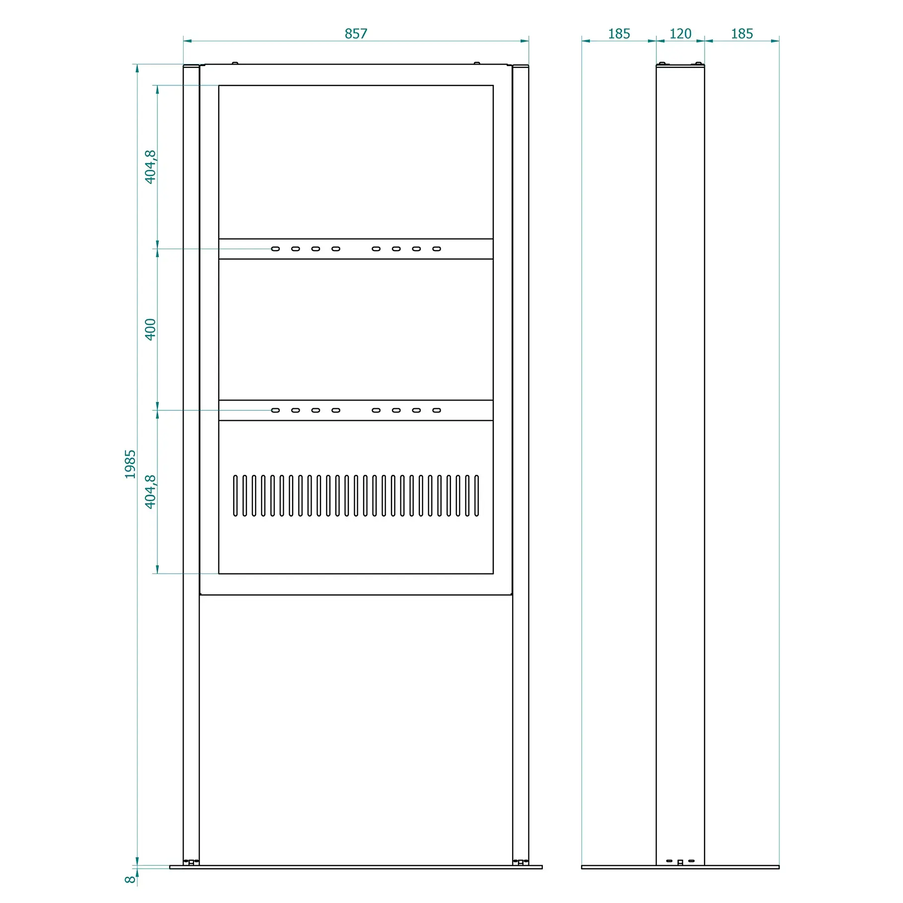Technische tekening van een rechthoekige structuur met afmetingen. Toont voor- en zijaanzichten. Bevat lijnen en maten.