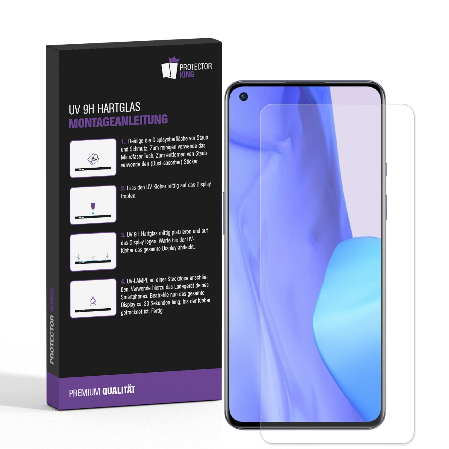 Ein Telefon mit Displayschutzfolie und eine Box mit Anweisungen. Die Box hat Text und Diagramme. Die Displayschutzfolie ist transparent.