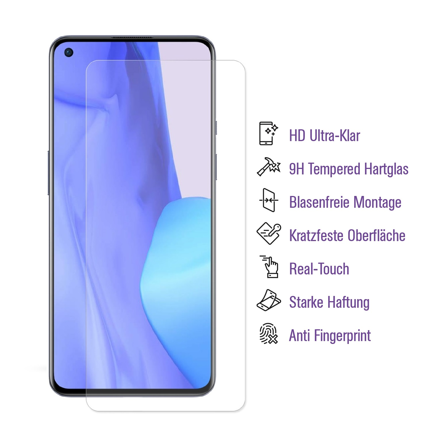 Ein Telefon mit Displayschutzfolie und Text, der HD-Klarheit, gehärtetes Glas, blasenfreie Installation, Kratzfestigkeit, Real-Touch, starke Haftung und Anti-Fingerabdruck angibt.