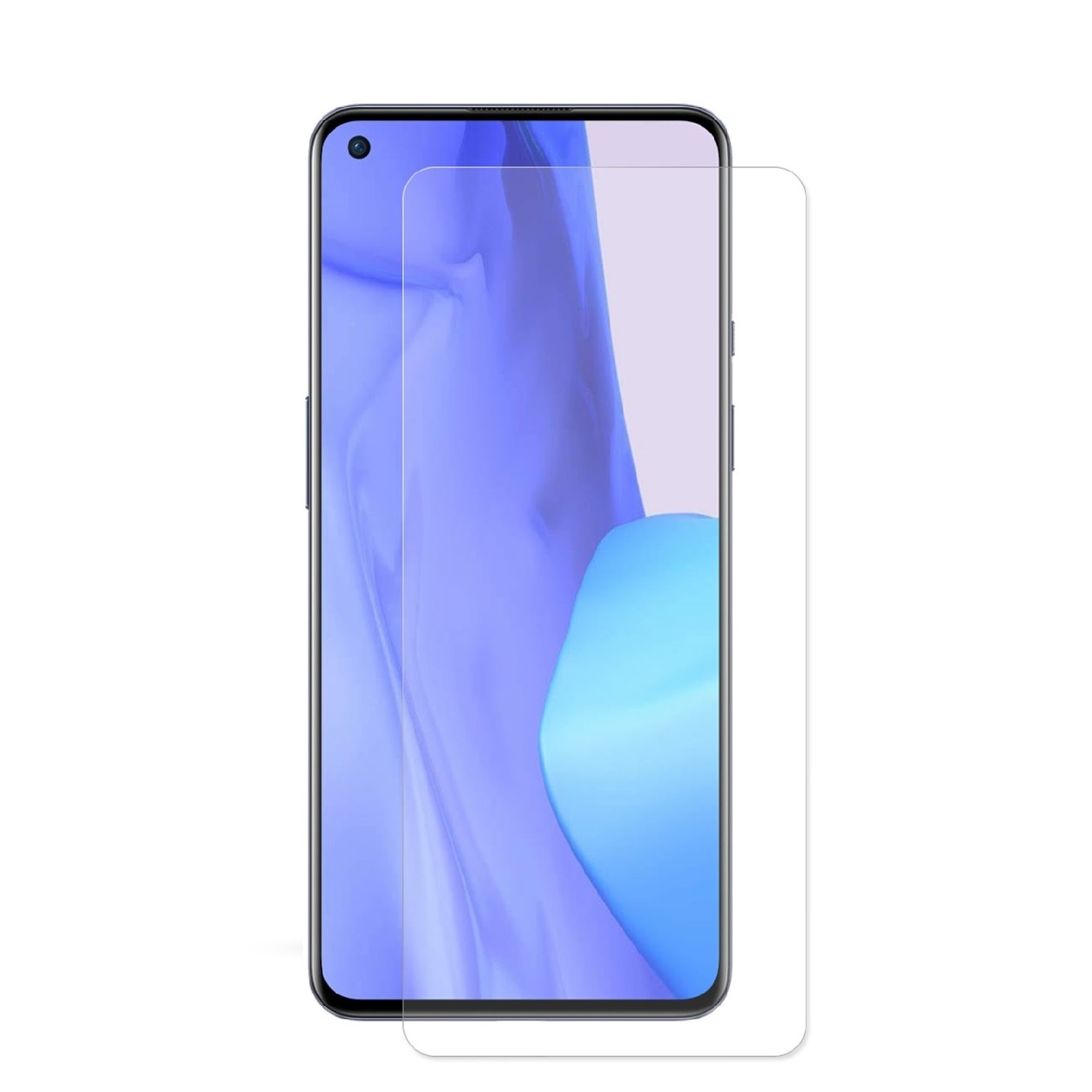 Ein Smartphone mit angebrachtem Displayschutz. Das Telefon hat einen schwarzen Rahmen, einen blauen Bildschirmhintergrund und eine klare Schutzfolie.
