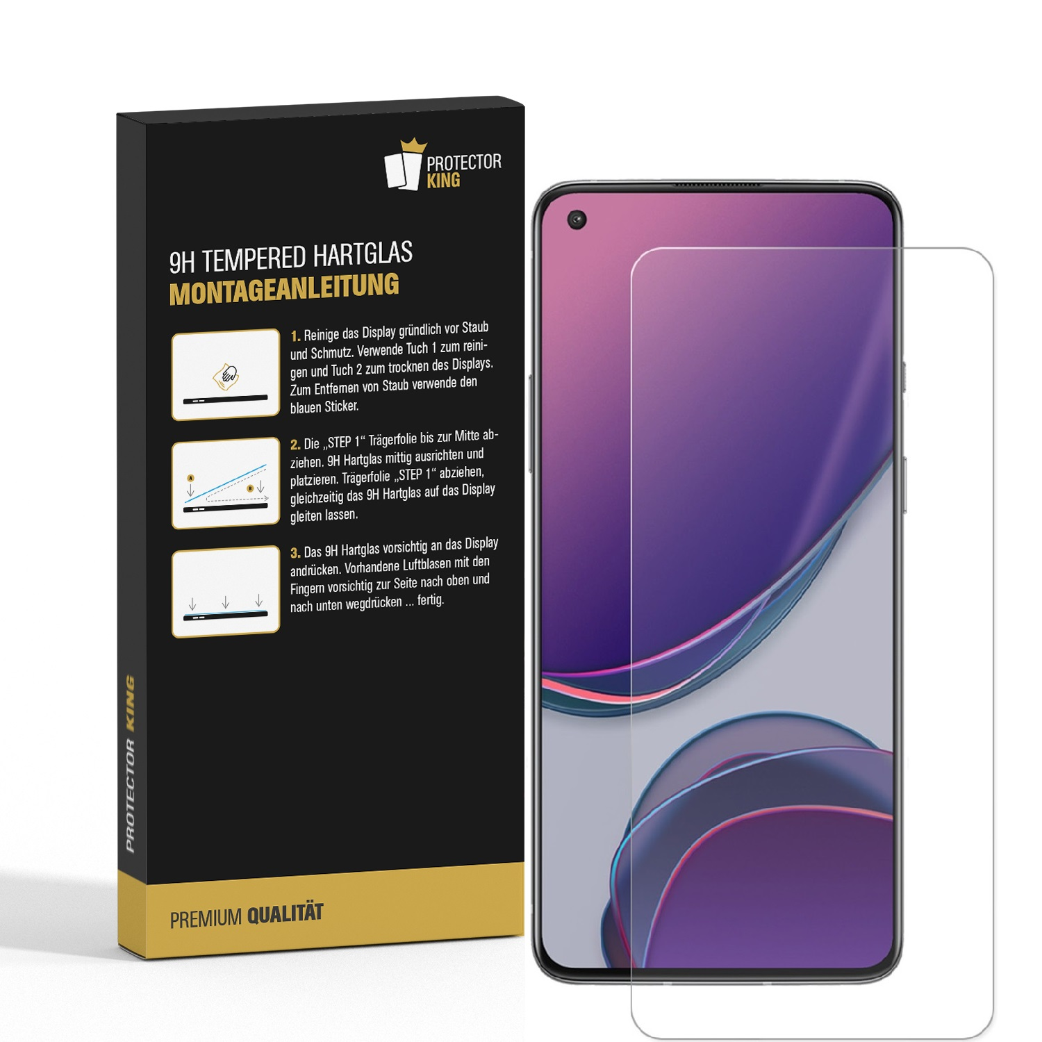 Ein Telefon mit Displayschutzfolie neben einer Produktbox mit Anweisungen und dem Protector King Logo.