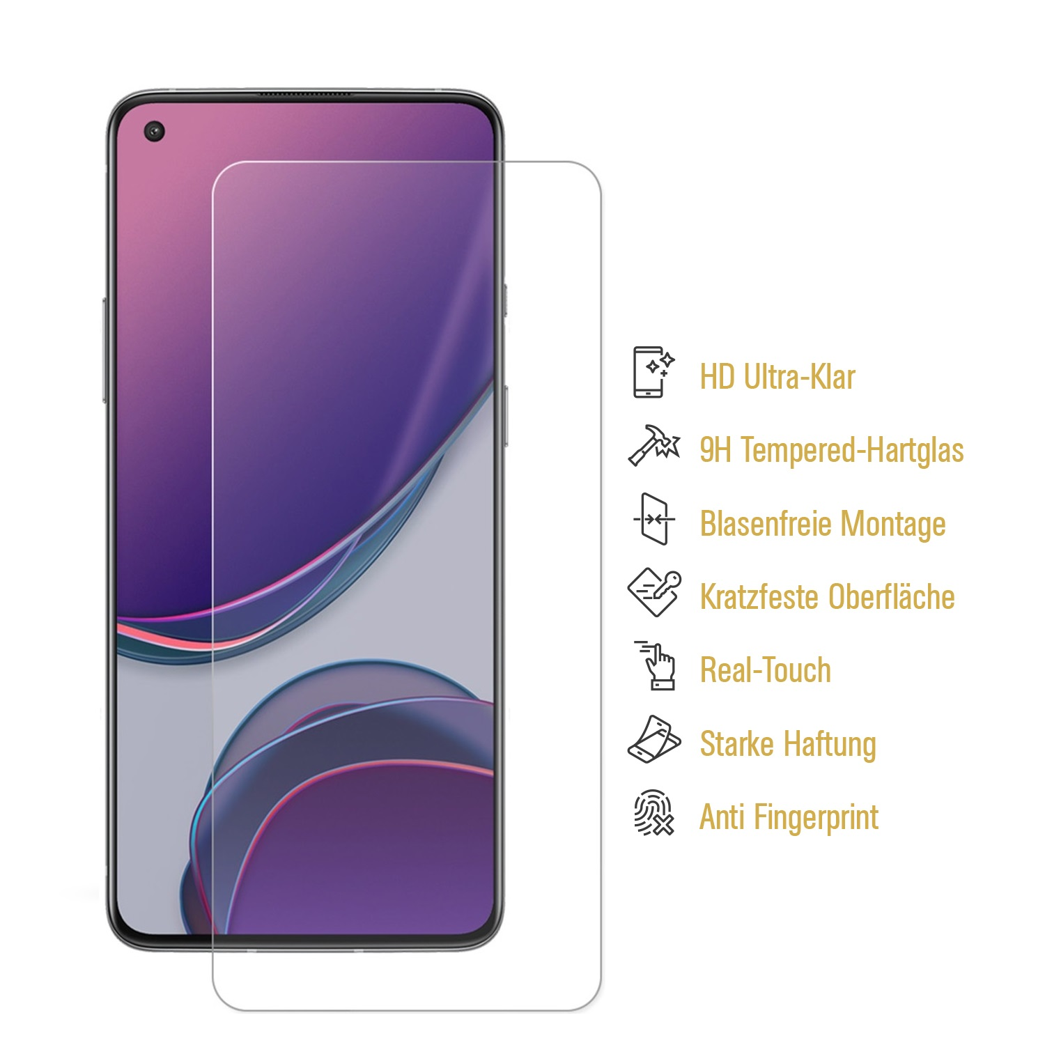 Ein Smartphone mit Displayschutzfolie. Text und Icons heben Funktionen wie HD-Klarheit, Kratzfestigkeit und Anti-Fingerprint hervor.