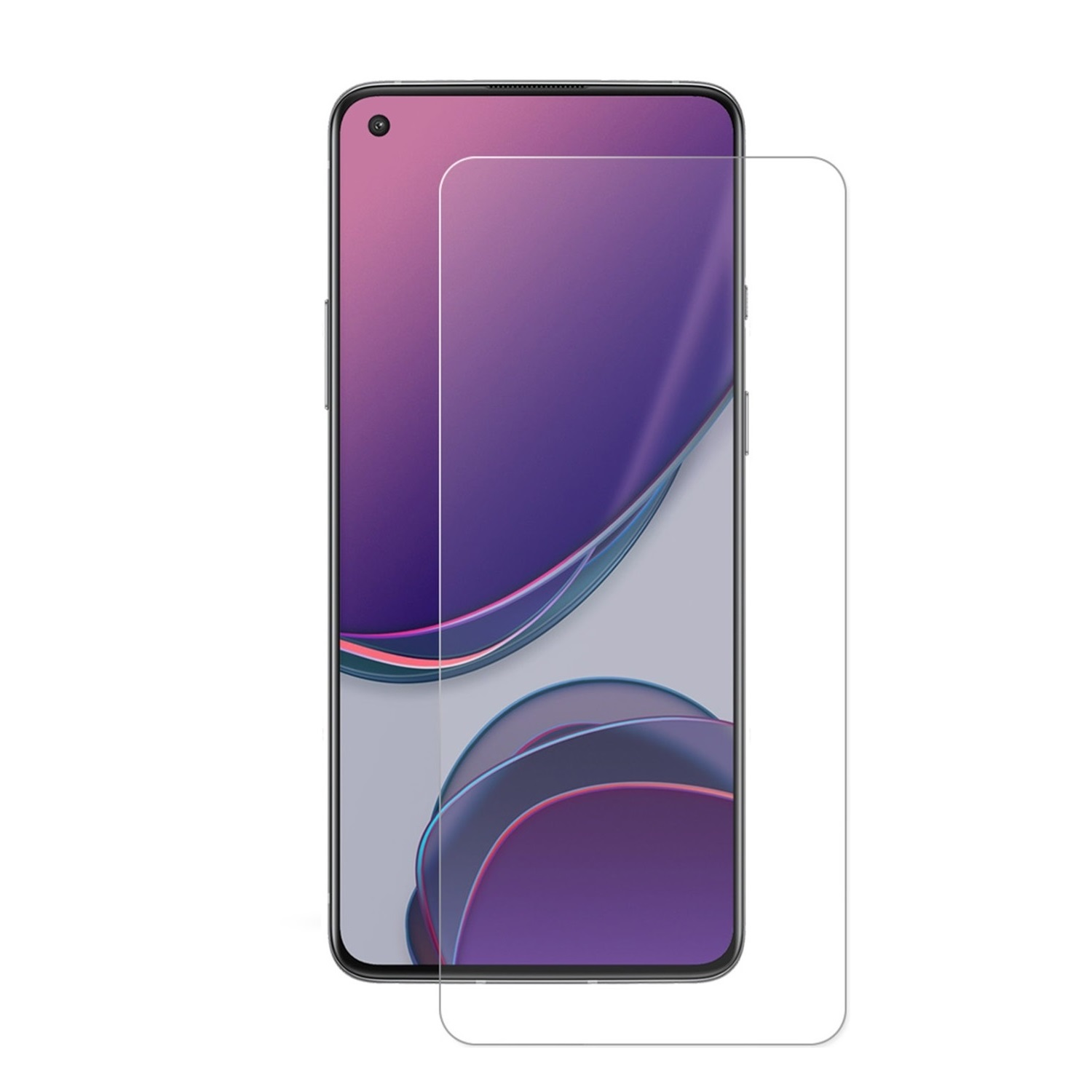 Ein Smartphone mit Displayschutzfolie. Das Telefon hat einen schwarzen Rahmen und einen lila Farbverlauf auf dem Bildschirm. Der Schutz ist klar.