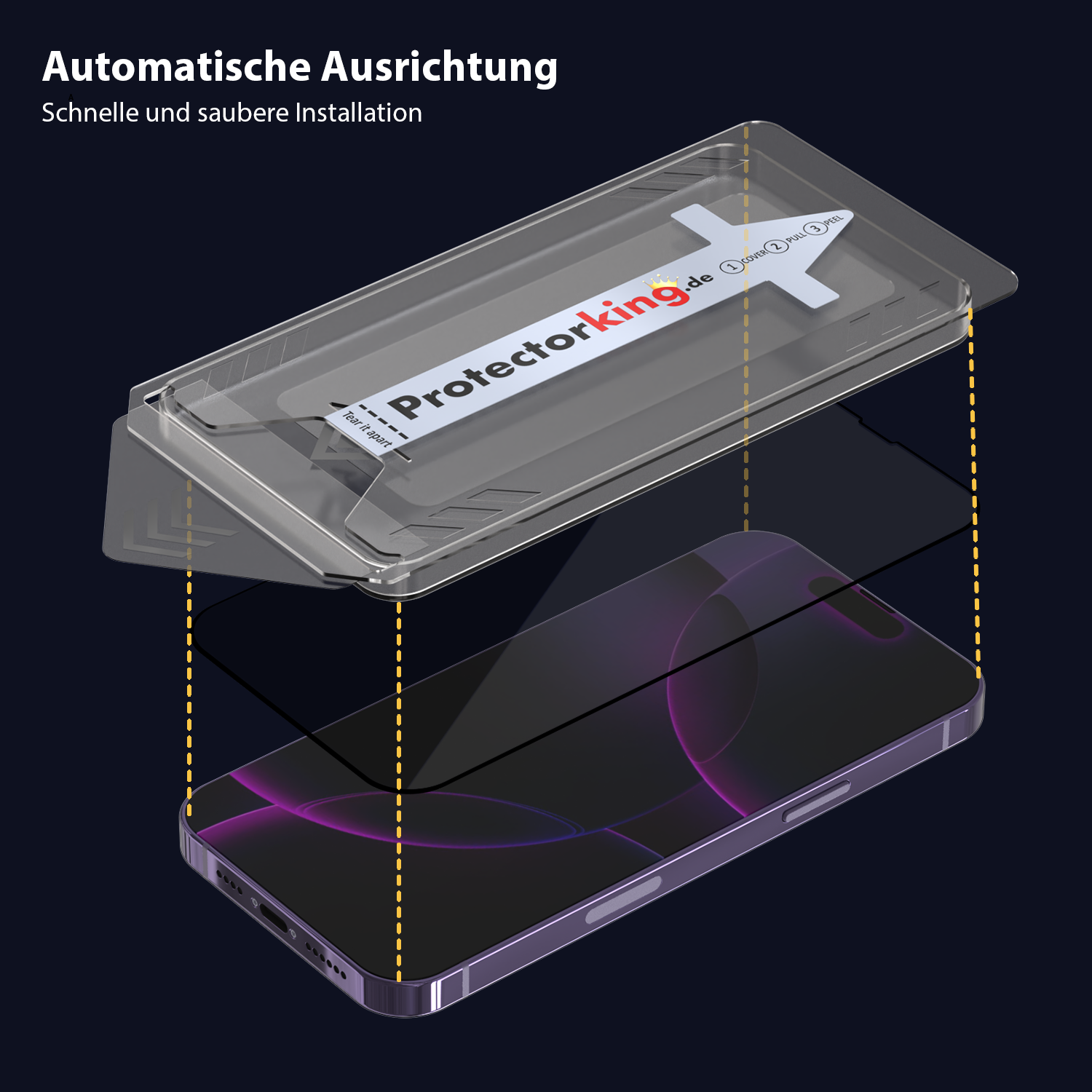 Ein Telefonschutzfolien-Kit, einschließlich Telefon, Ausrichtungswerkzeug und Schutzfolie, wird in dunkler Umgebung gezeigt.