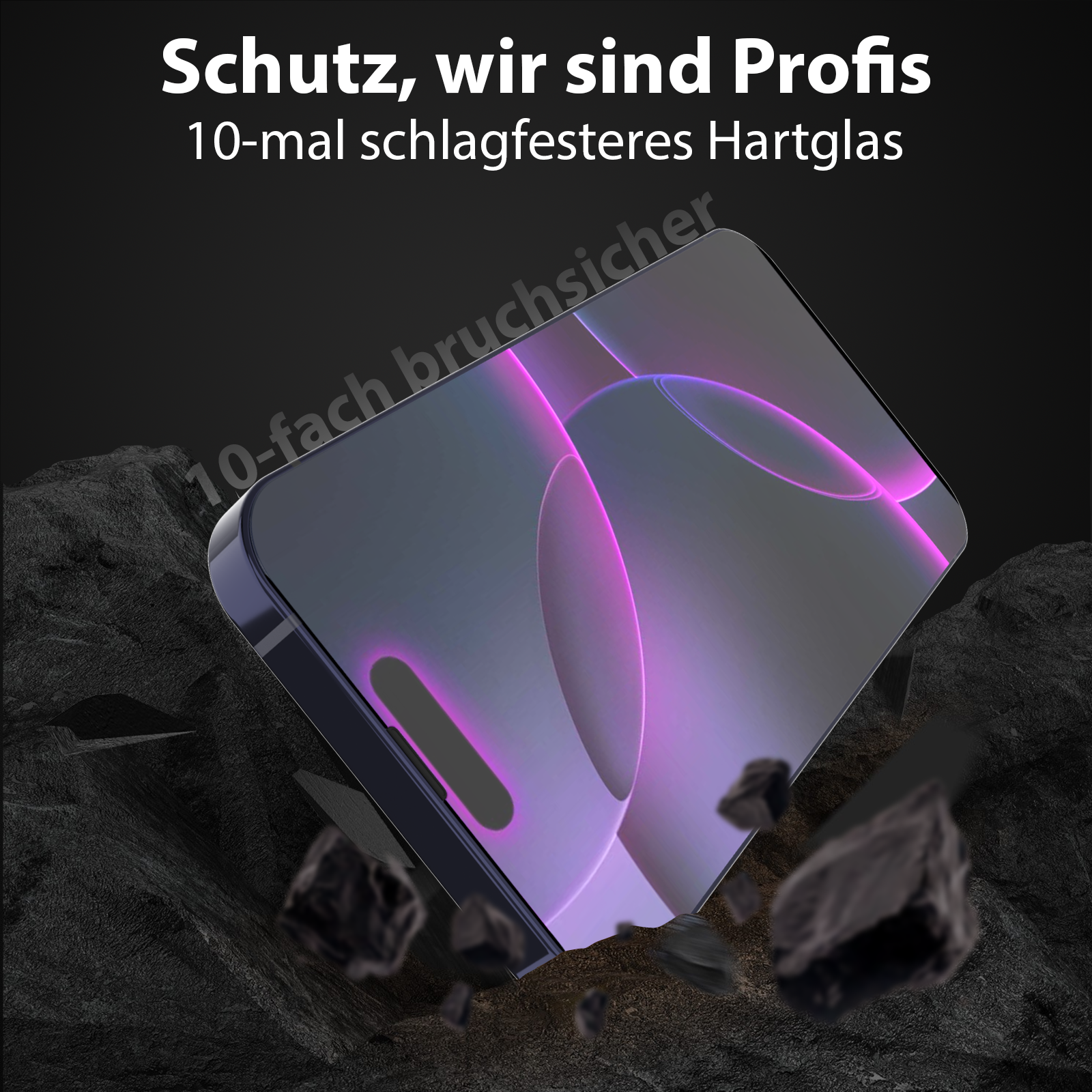 Ein Handy-Bildschirmschutz mit einem leuchtend rosa Design. Der Hintergrund hat schwarze Steine und deutschen Text.