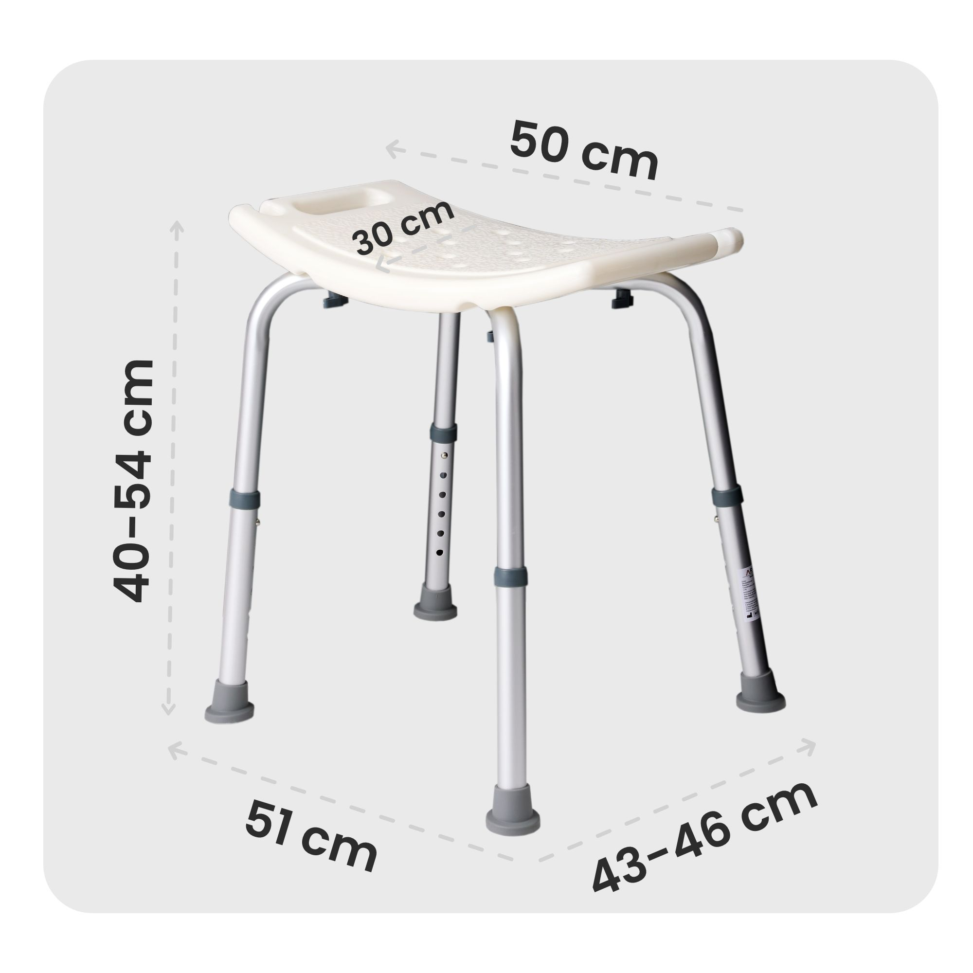 Ein weißer Duschstuhl mit silbernen Beinen. Abmessungen sind angegeben. Der Sitz ist 50 cm breit und 30 cm tief. Die Höhe beträgt 40-54 cm.