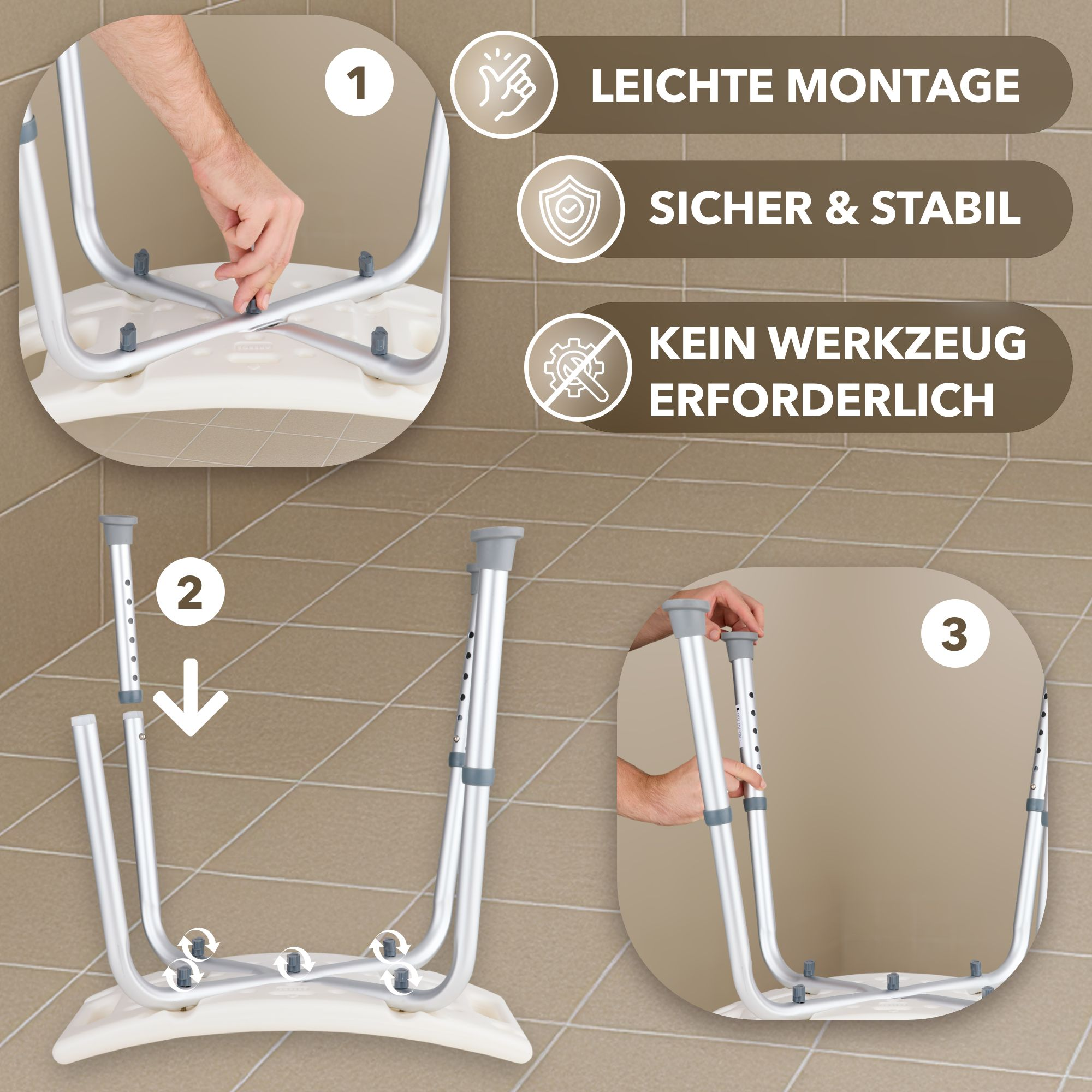 Montage eines Duschstuhls. Handmontage der Beine am Sitz. Textetiketten: einfache Montage, sicher und stabil, kein Werkzeug erforderlich.