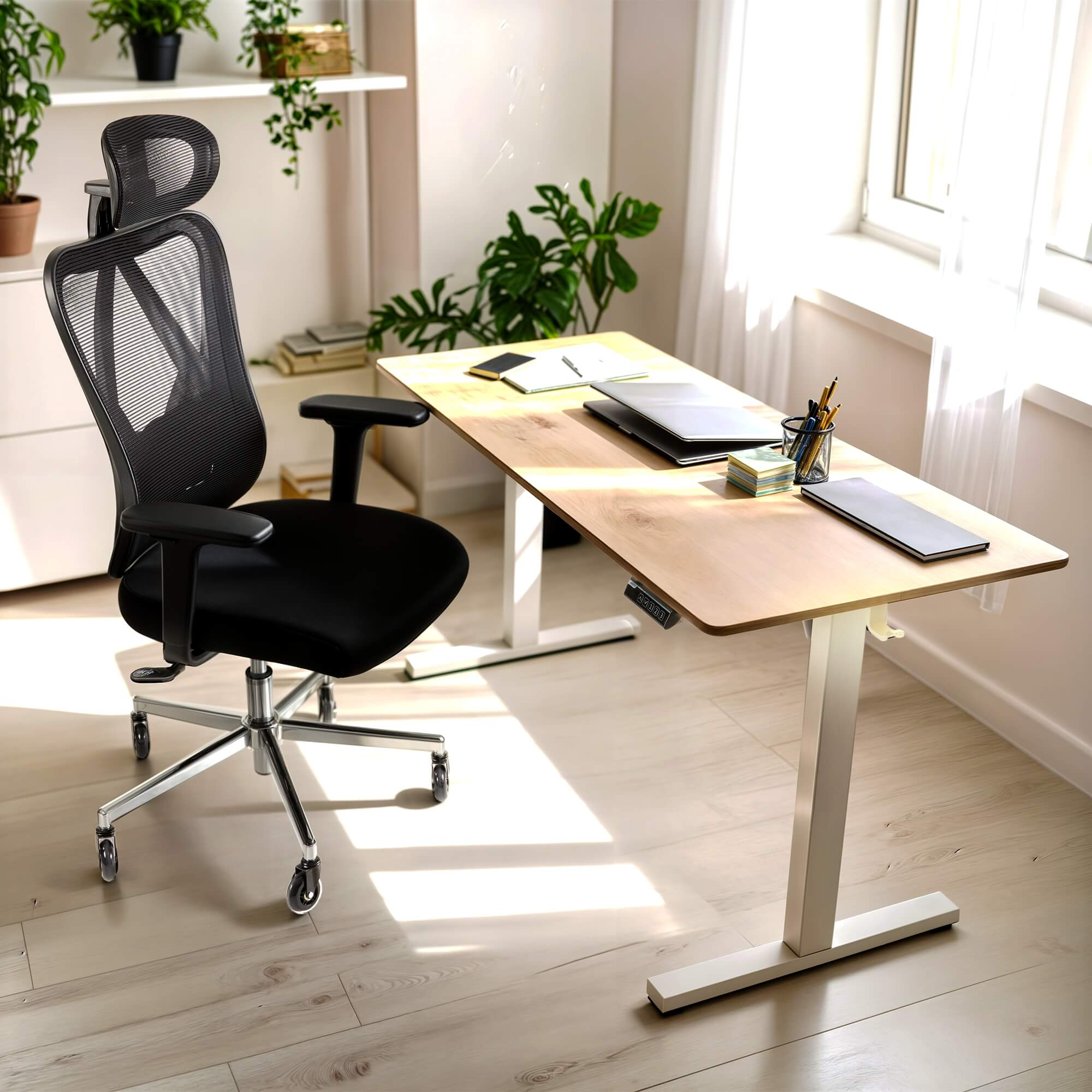 Büro mit schwarzem Netzstuhl, Holztisch, Pflanzen und einem Fenster mit transparenten Vorhängen. Sonnenlicht scheint herein.