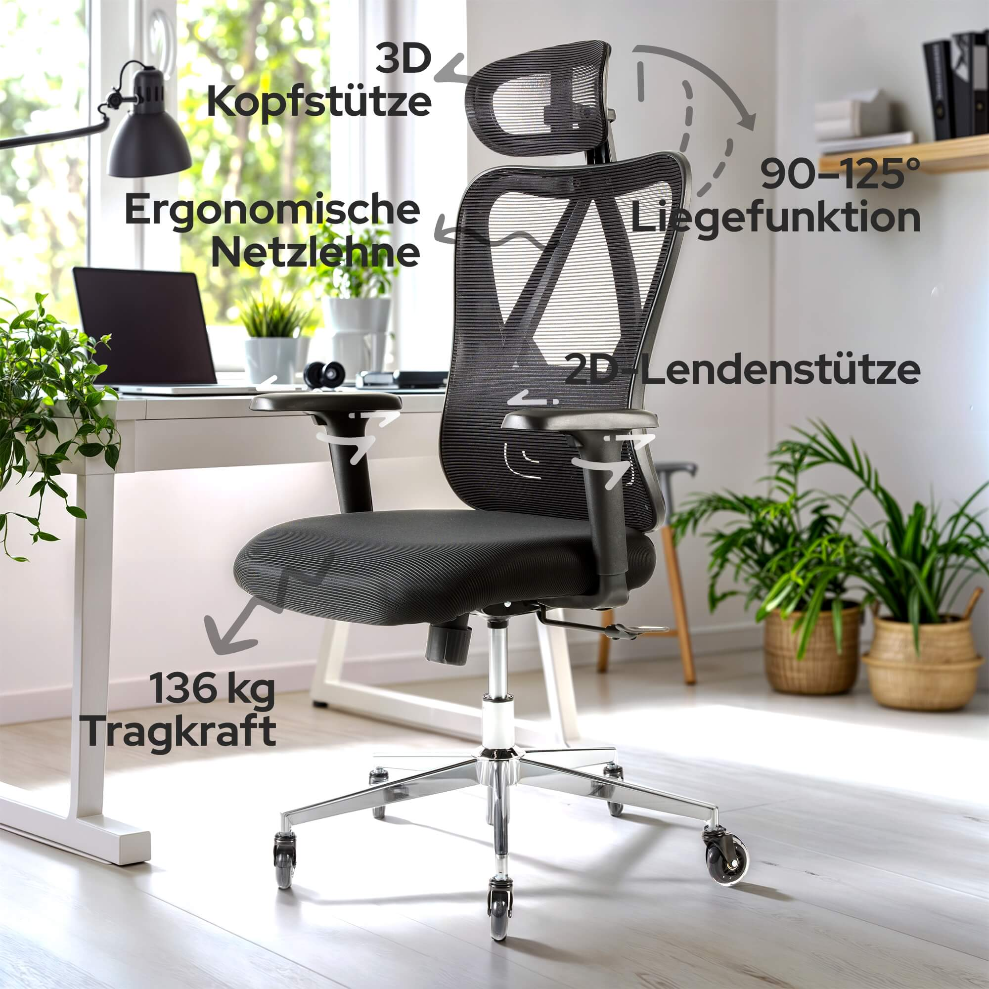 Schwarzer ergonomischer Bürostuhl. Merkmale: Kopfstütze, Netzrücken, Lendenwirbelstütze, Armlehnen und 136 kg Tragfähigkeit.