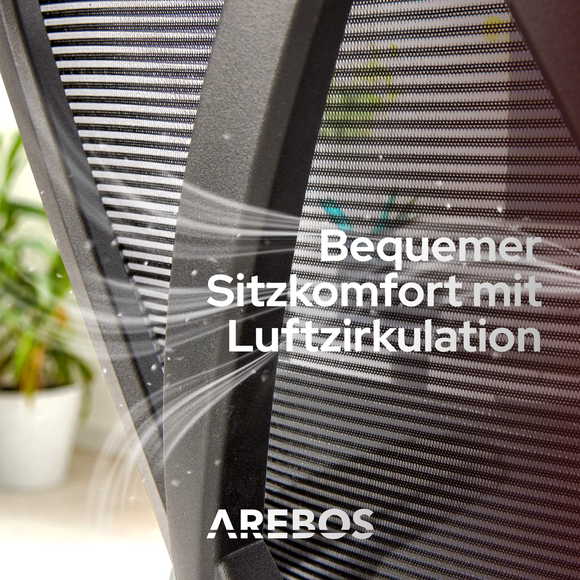 Nahaufnahme eines schwarzen Netzstuhlrückens mit Text. Der Text lautet: 'Bequemer Sitzkomfort mit Luftzirkulation' und das AREBOS-Logo.