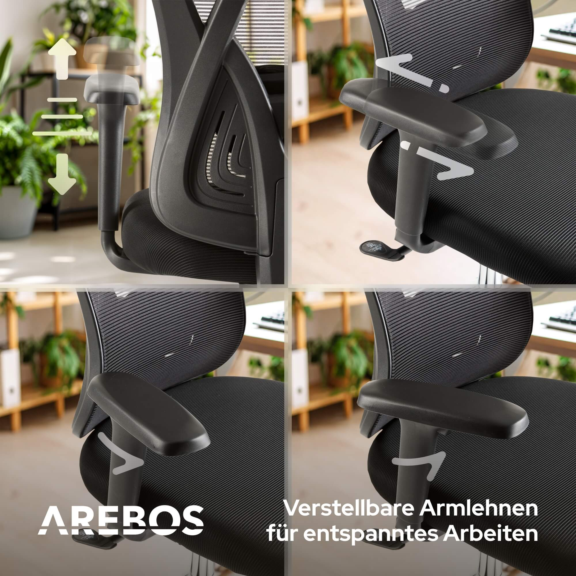 Schwarzer Bürostuhl mit verstellbaren Armlehnen, Netzrücken und schwarzem Sitz. Hintergrund sind Pflanzen und Holzmöbel.