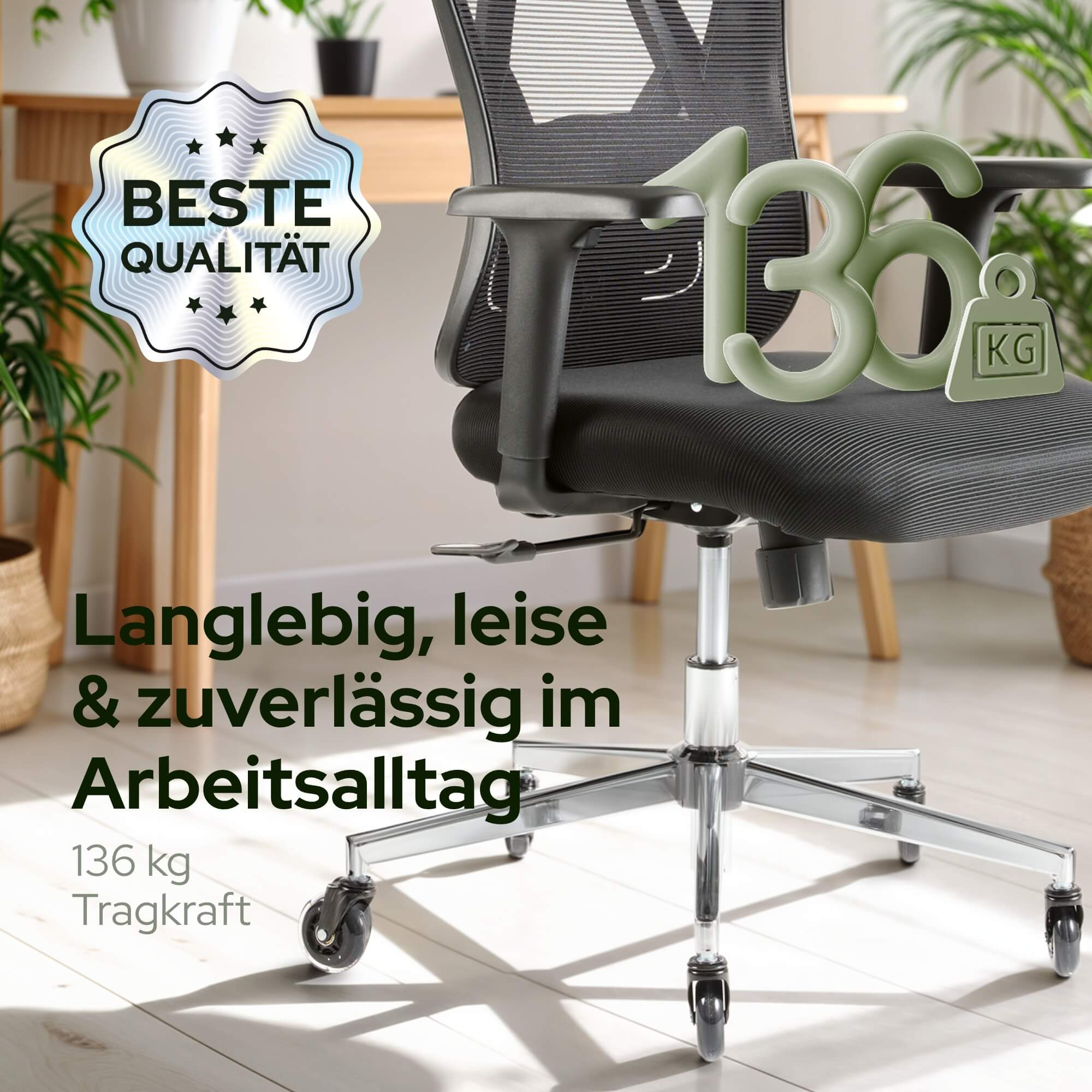 Schwarzer Netz-Bürostuhl mit silbernem Gestell. Tragfähigkeit 136 kg. Aufkleber: Beste Qualität. Text: Langlebig, leise & zuverlässig.
