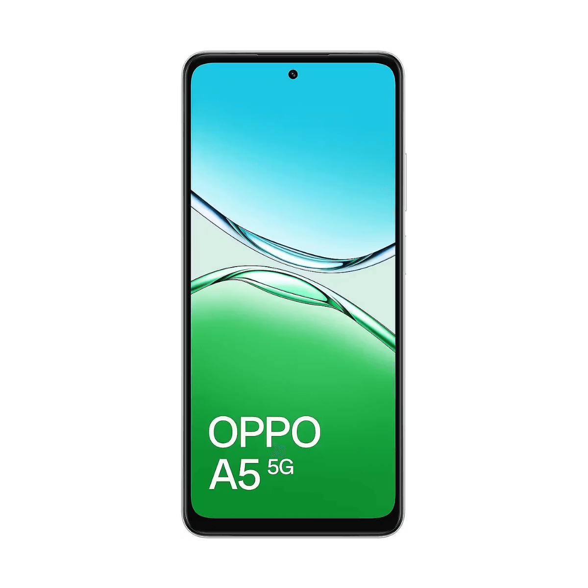 OPPO A5 5G smartphone. Scherm toont blauw en groen abstract ontwerp. Telefoon is zwart met een camera aan de voorkant.