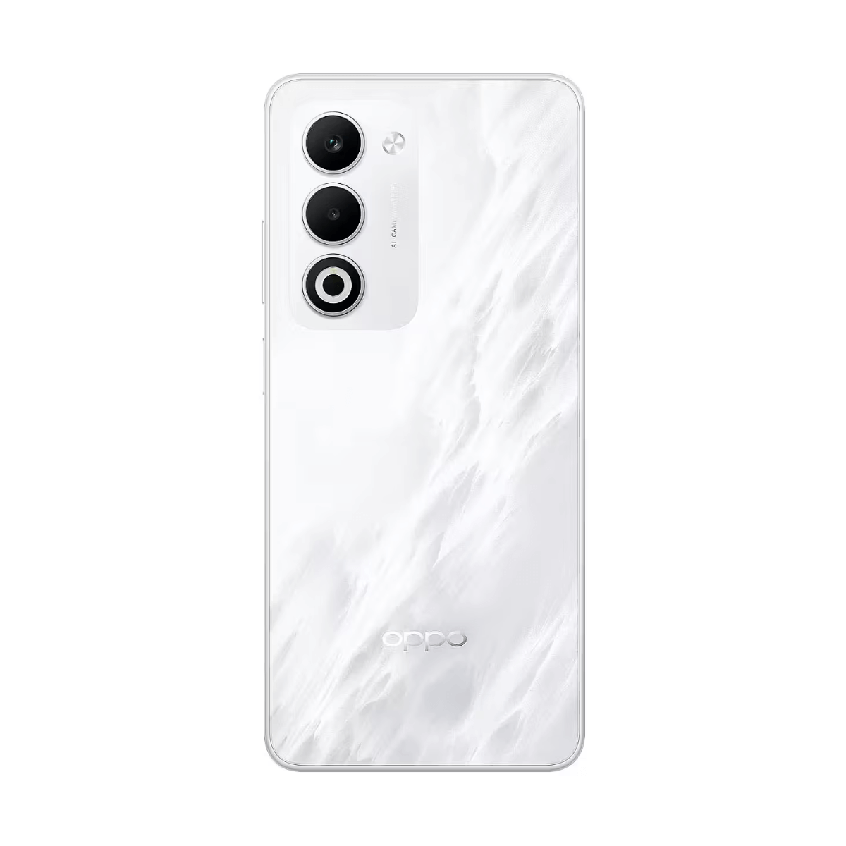 Witte Oppo telefoon achterkant met drie camera's en een textuurontwerp. Oppo-logo is zichtbaar. De telefoon staat op een witte achtergrond.