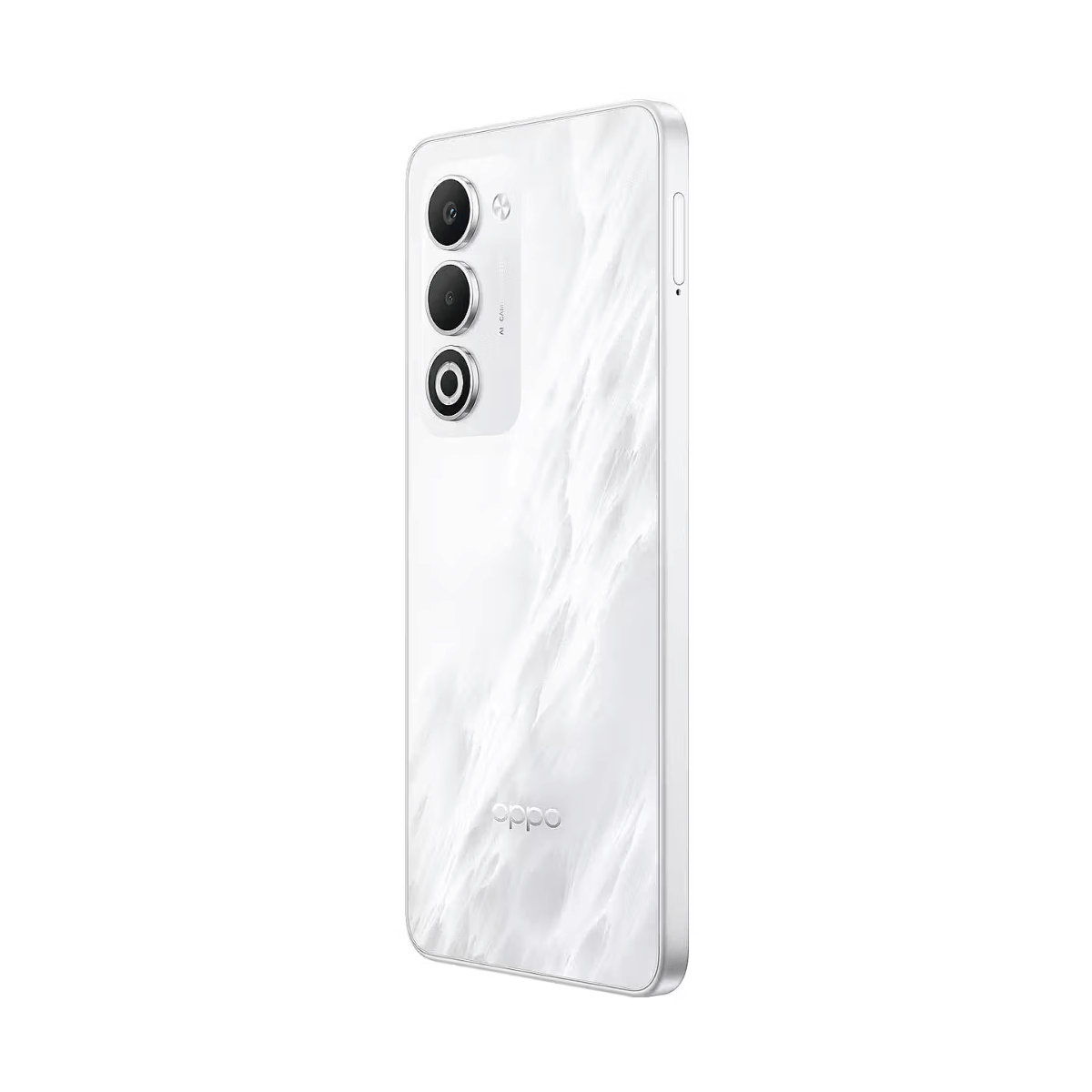 Een witte Oppo-telefoon met drie camera's wordt weergegeven. De achterkant heeft een parelmoer afwerking. Het logo staat onderaan.