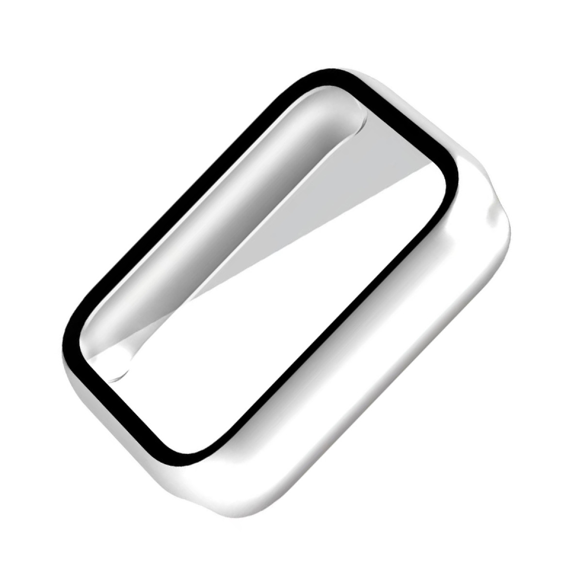 Oggetto rettangolare bianco con contorno nero. L'interno ha un design curvo con una superficie riflettente e sfumata.